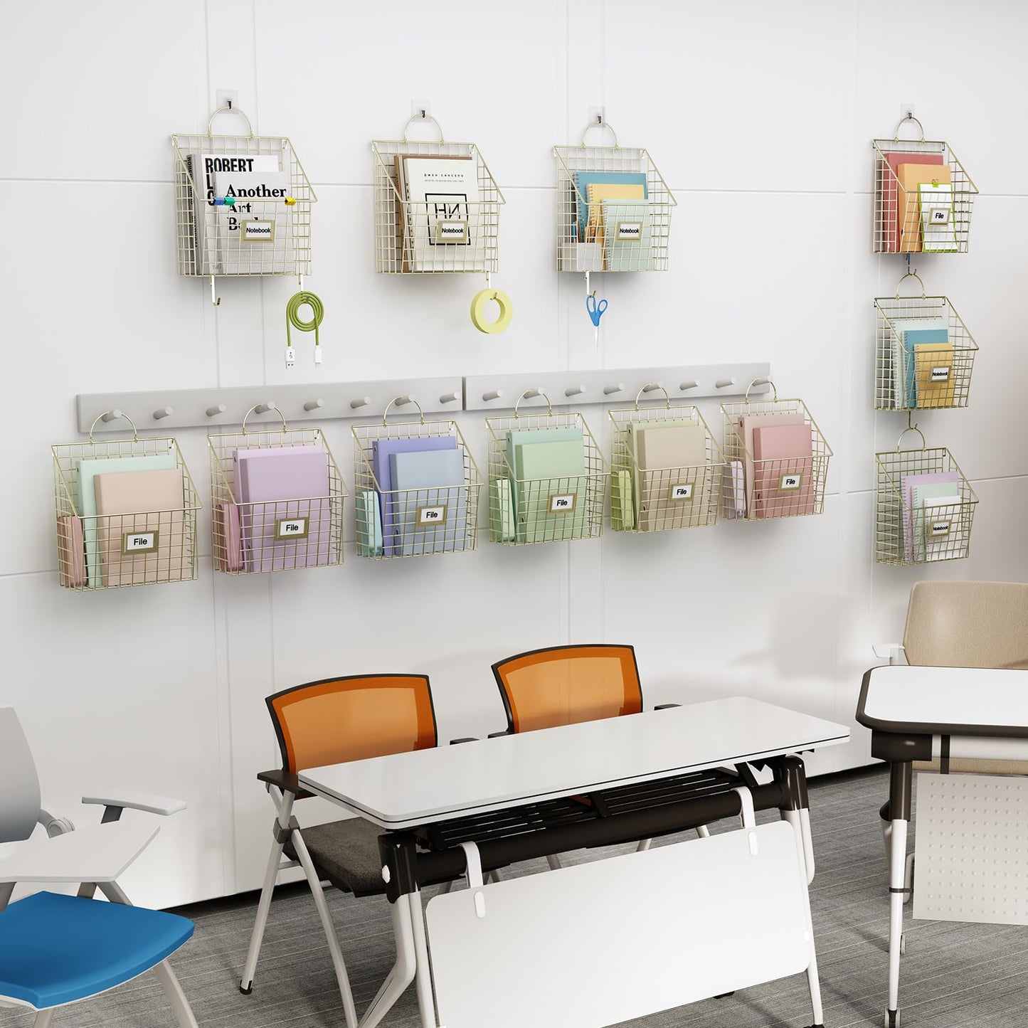 Yuzehuaza Wall File Organizer Mesh Hanging Wall Files Holder,Magazine Rack and Mail Basket with Hooks, Office Wall Organizer for Papers Folders Files Clipboard 4 Packs, Gold(Patent Pending)
