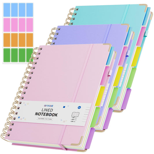 3 Packs Hardcover Spiral Notebook, B5 Journal with Removable Dividers Tabs, 5 Subject Notebook College Ruled, 200 Pages 8"x10" Leather Notebooks for Work School Study, Lined Journal for Women(Pink/Purple/Cyan)