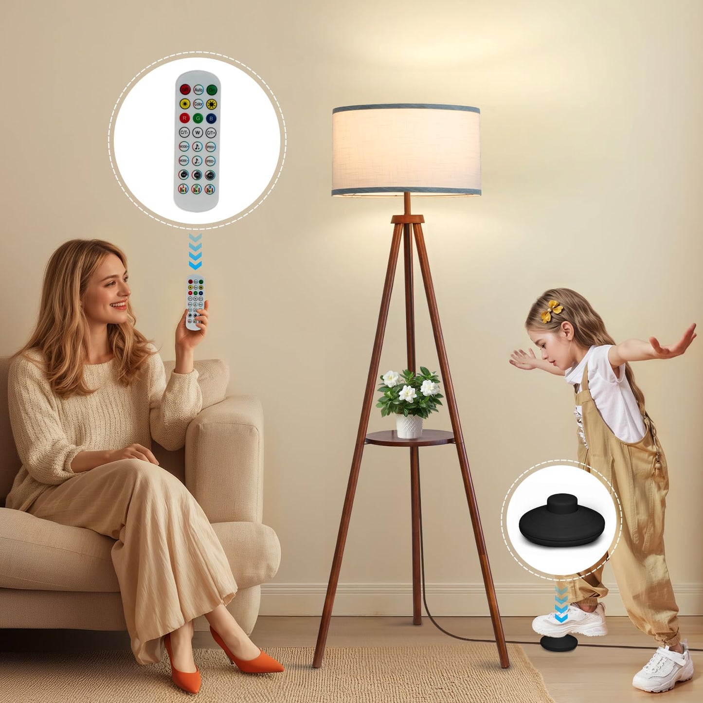 EOEYYOYB Floor Lamps for Living Room, Modern Standing Lamp with Shelf, 3 Color Temperature Led Bulb Tall Lamps with Foot Switch for Bedroom and Office, Walnut