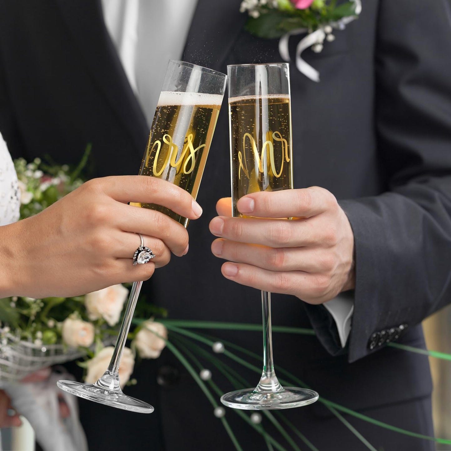 AW BRIDAL Mr and Mrs Champagne Flutes Set of 2, Engagement Gift for Couples and Newlyweds, Bridal Shower Gifts for Bride to Be, Wedding Anniversary Toasting Glasses Set with Wooden Box