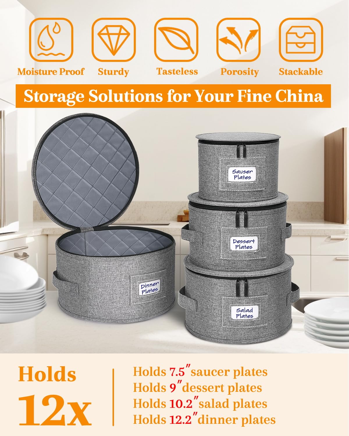 punemi China Storage Containers, Dish Storage w/Hard Shell Top Side Bottom Support & Felt Dividers for Charger Plates Dinnerware, Perfect for Moving Supplies, 4 set Stackable Fine China Storage, Gray
