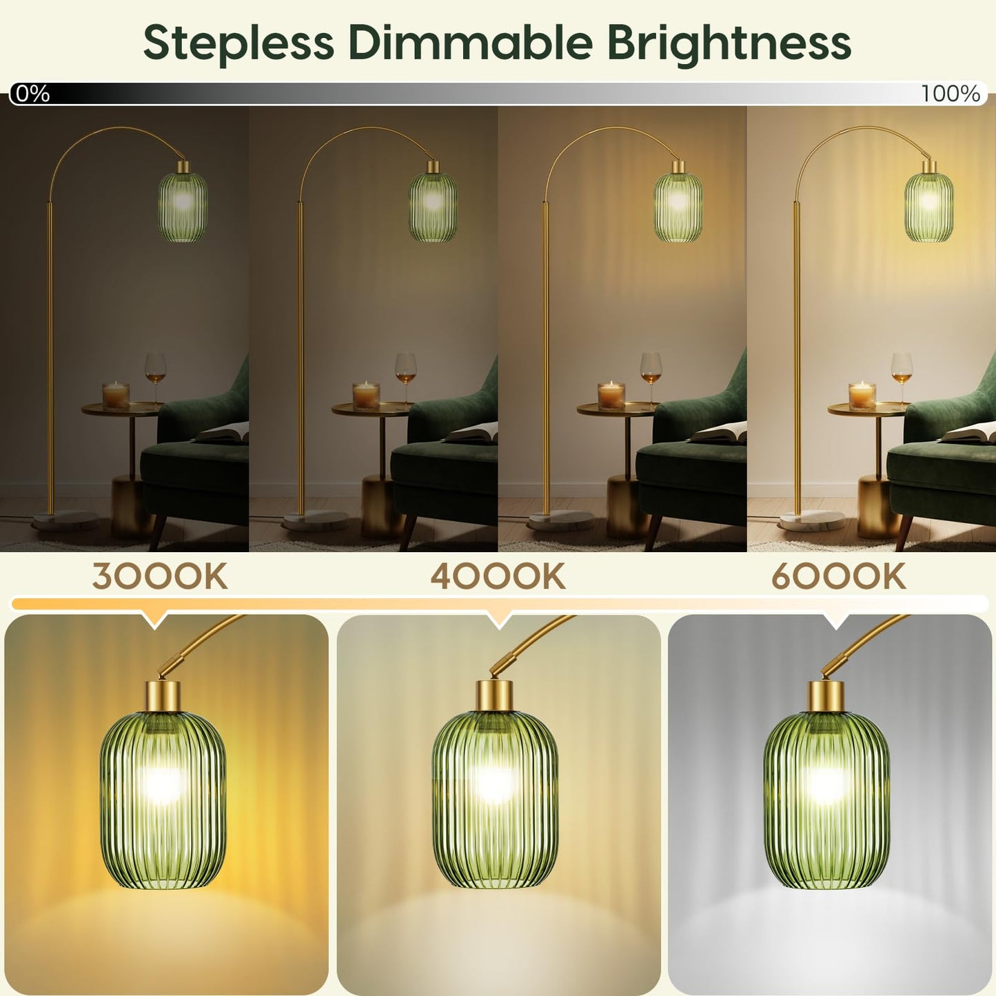 COTTHOS Floor Lamp for Living Room, Modern Gold Lamp with Ribbed Glass Lampshade Marble Base, 68” Glass Tall Lamp with Remote Control and Pedal Switch for Bedroom (6000K LED Bulb Included)