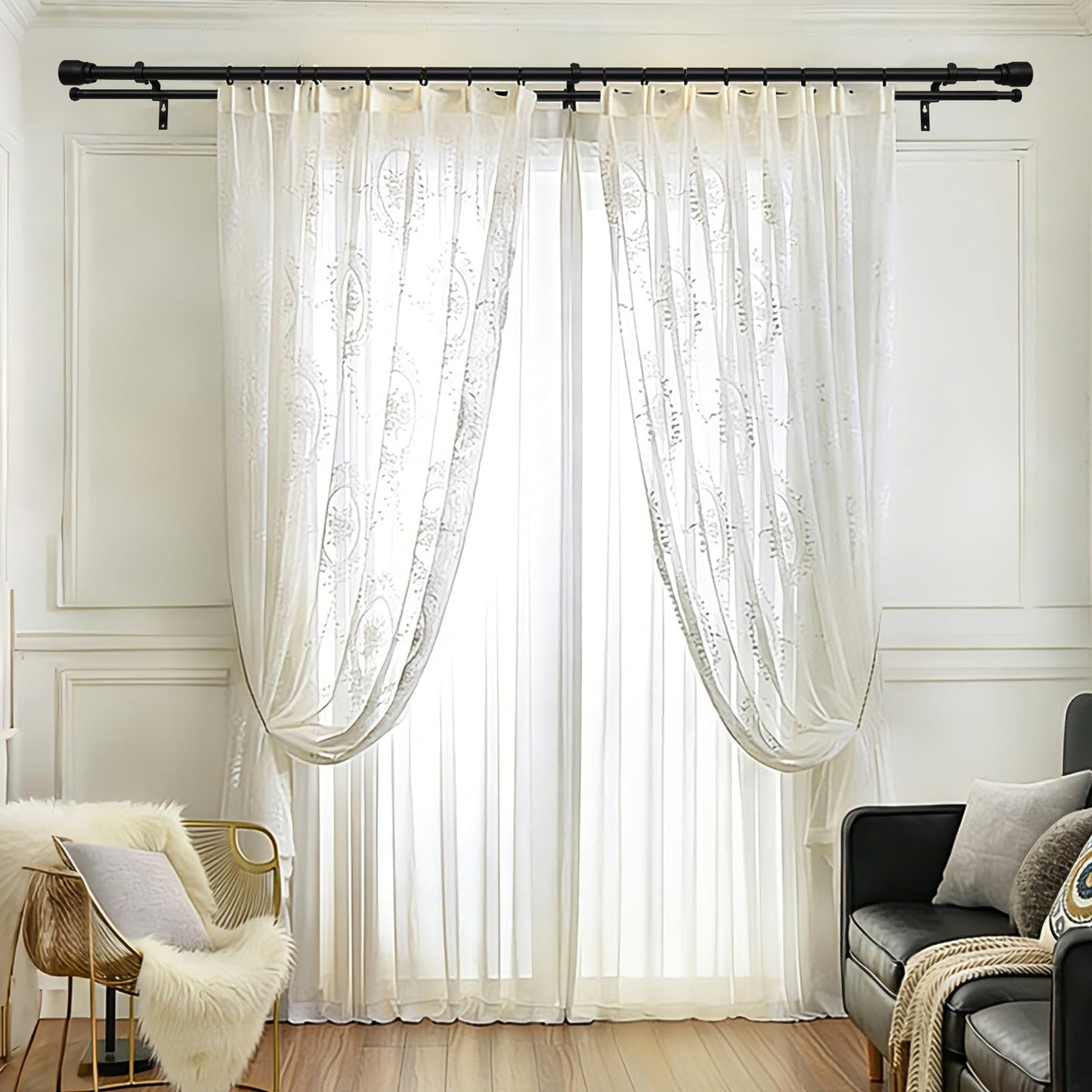 Heavy Duty Double Curtain Rod 84-120 Inch Length, 1 Inch Adjustable Matte Black Double Curtain Rod with Brackets, Long Double Curtain Rod for Windows Sliding Door (Black, 32-120", 1 PCS)