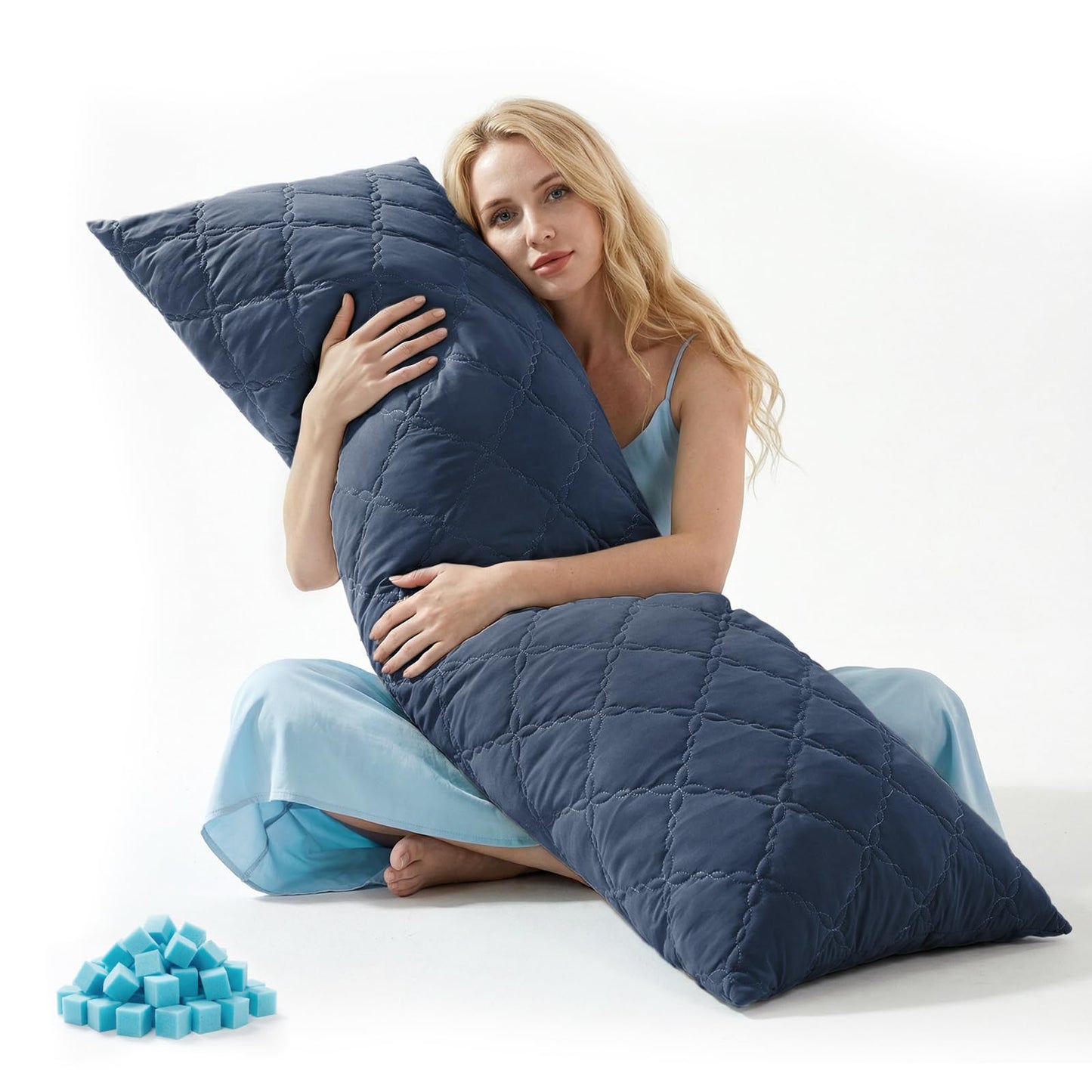 BEDELITE Cooling Body Pillow for Adults, Creative Ultra Soft Cool-Touch Quilted Nylon-Spandex Body Pillow Cover, Adjustable Memory Foam Long Pillow for Side Sleepers, Pregnancy & Back Pain(Navy Blue)
