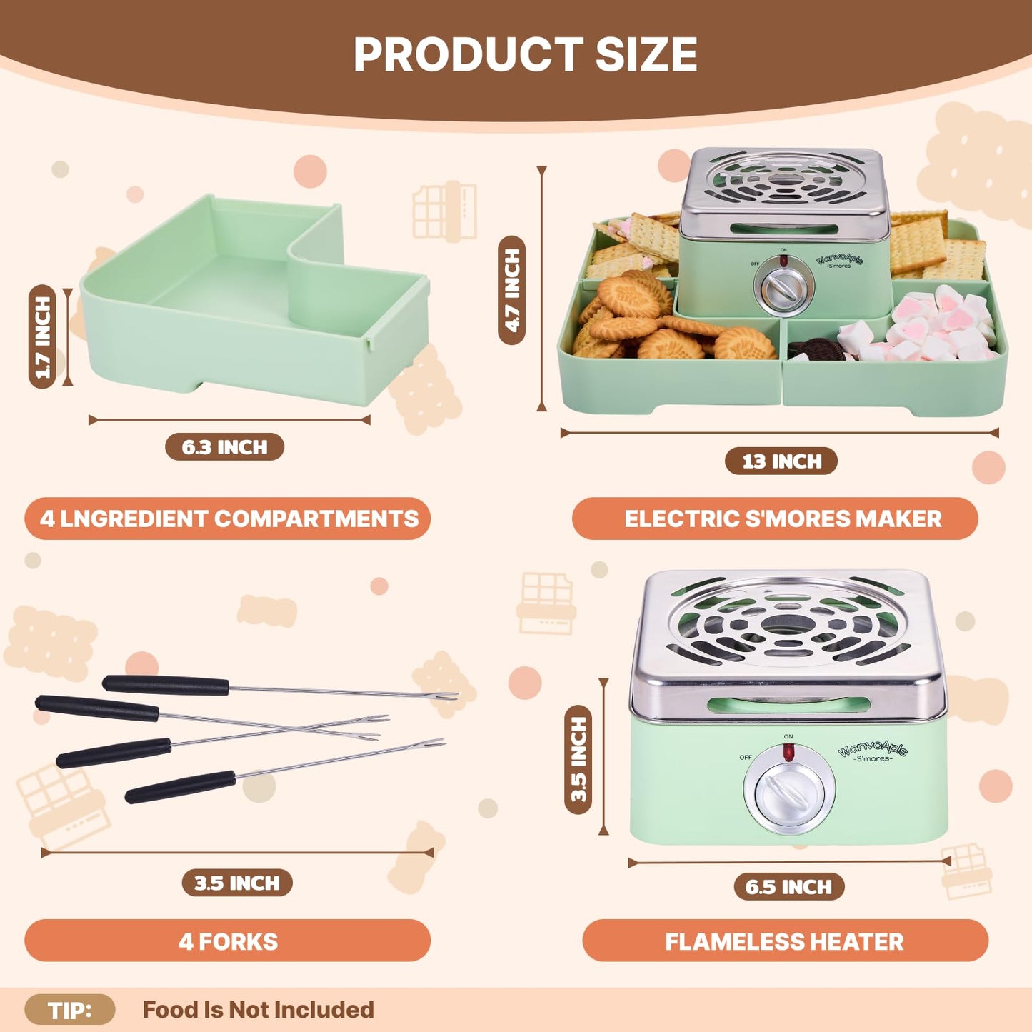 Electric Smores Maker - Indoor Smores Kit with 4 Detachable Trays, 4 Stainless Steel Forks - Flameless Smores Maker Tabletop Indoor Kit (Green)