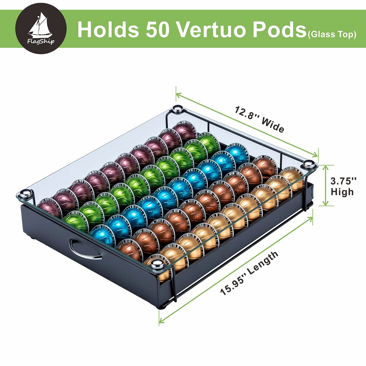 FlagShip for Vertuo Pod Holder Coffee Pod Organizer for Nespresso Pod Storage Glass Top(50 Pods Capacity)