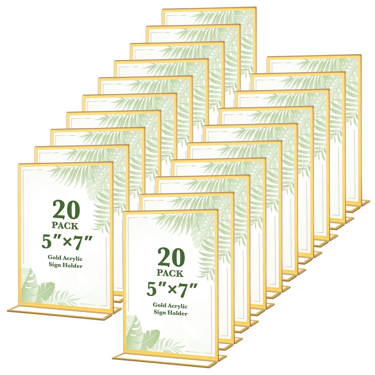 Alffun 20 Pack Gold Acrylic Sign Holders 5x7 Inch, Double Sided Vertical Stand Clear Picture Frames, Table Menu Display Holders for Wedding Table Numbers, Restaurant Signs, Event and Office Photos