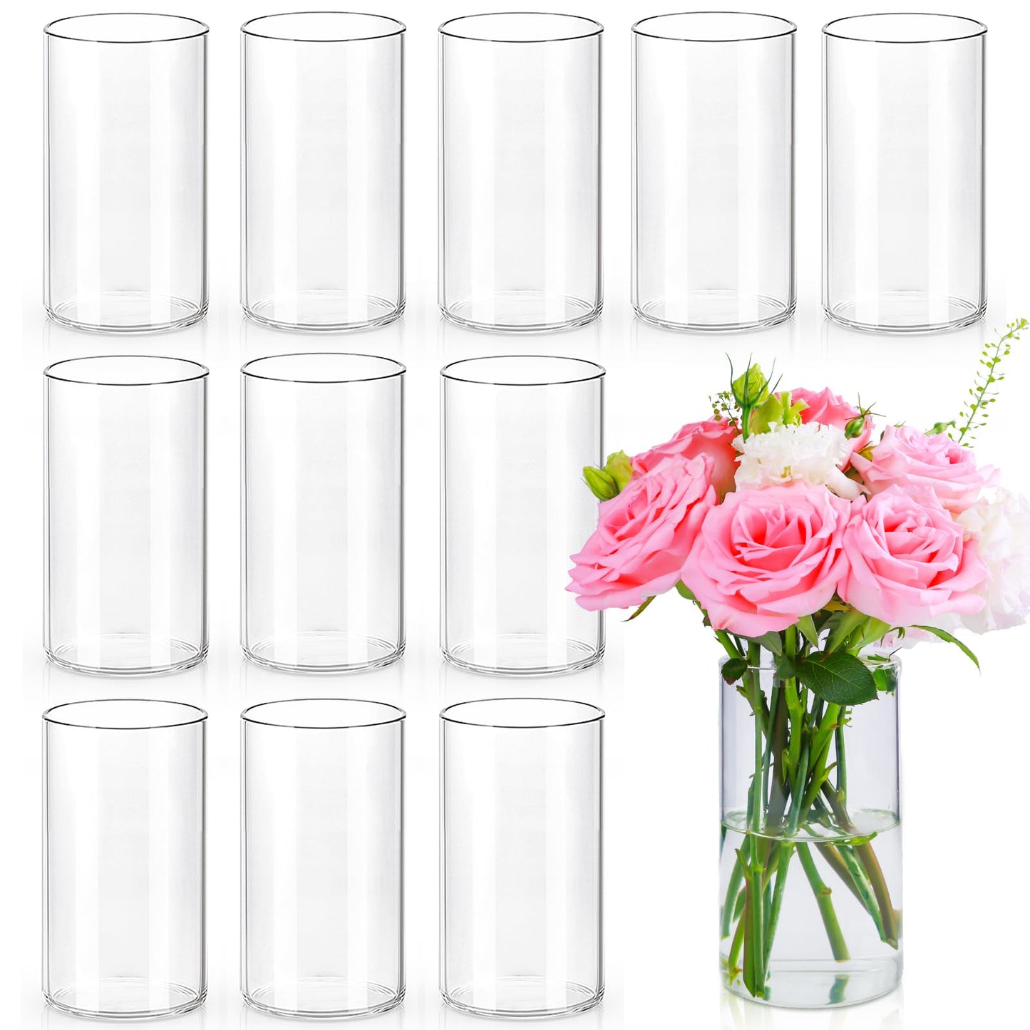 UPBUD 6 Inch Glass Cylinder Vases for Centerpieces | 12Pcs Clear Small Flower Vase for Wedding Decorations, Floating Candle Vases in Bulk, Hurricane Candle Holders for Table, Home Décor