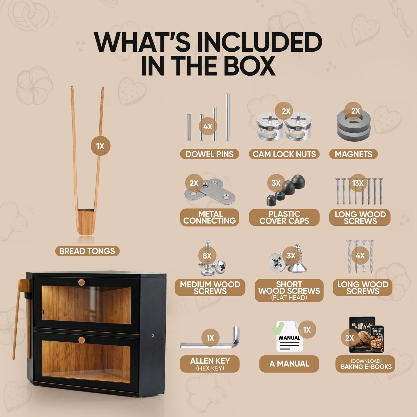 Corner Bread Box for Kitchen Countertop – Bamboo Bread Box with Airtight Design, Dual Divided Compartments, Magnetic Closures, Non-Slip Feet, Clear Windows, Tongs & 2 Free Baking Books -Black