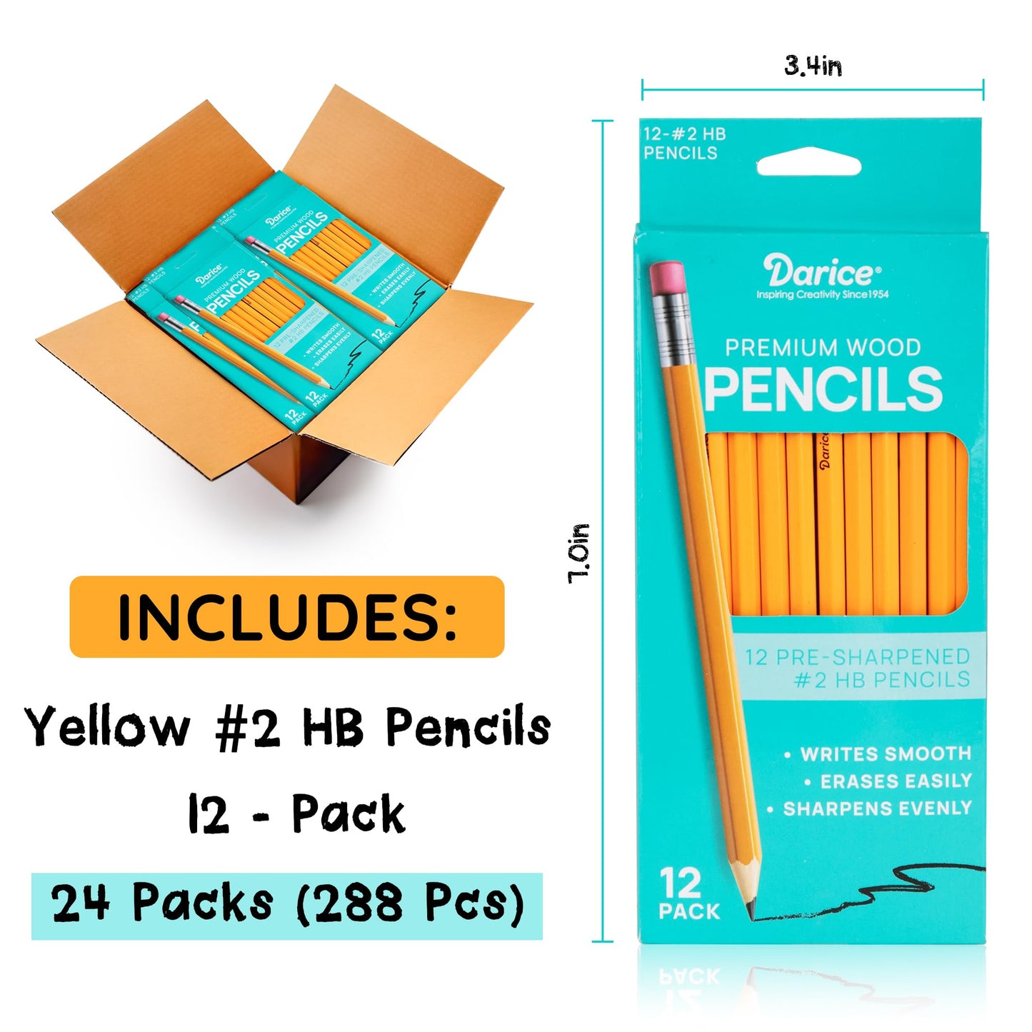 Darice Wood-Cased Pencils, 288pc Bulk Pre-sharpened #2 HB Pencils with Eraser for Classroom Back to School Supplies, 12 x 24 Pack