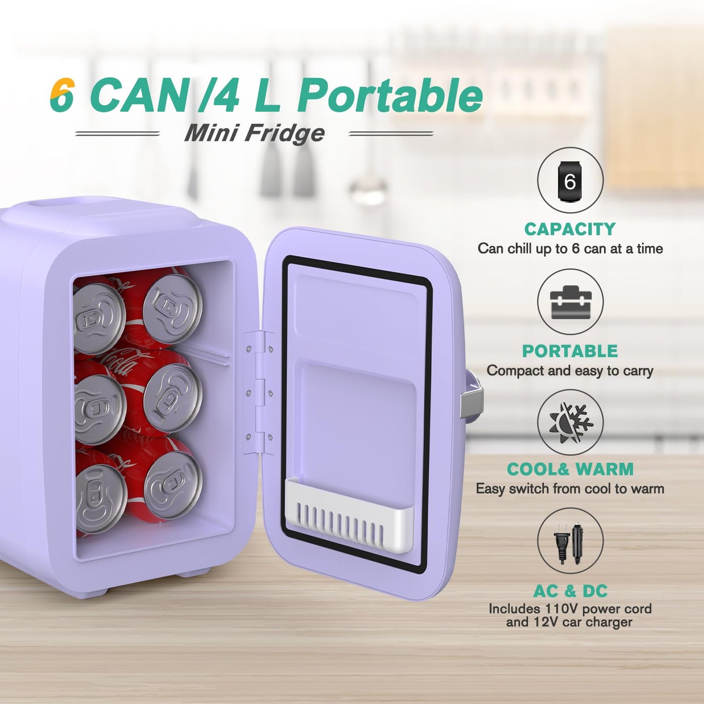 CROWNFUL Mini Fridge, 4 Liter/6 Can Portable Cooler and Warmer Personal Refrigerator for Skin Care, Cosmetics, Beverage, Food,Great for Bedroom, Office, Car, Dorm(Purple)