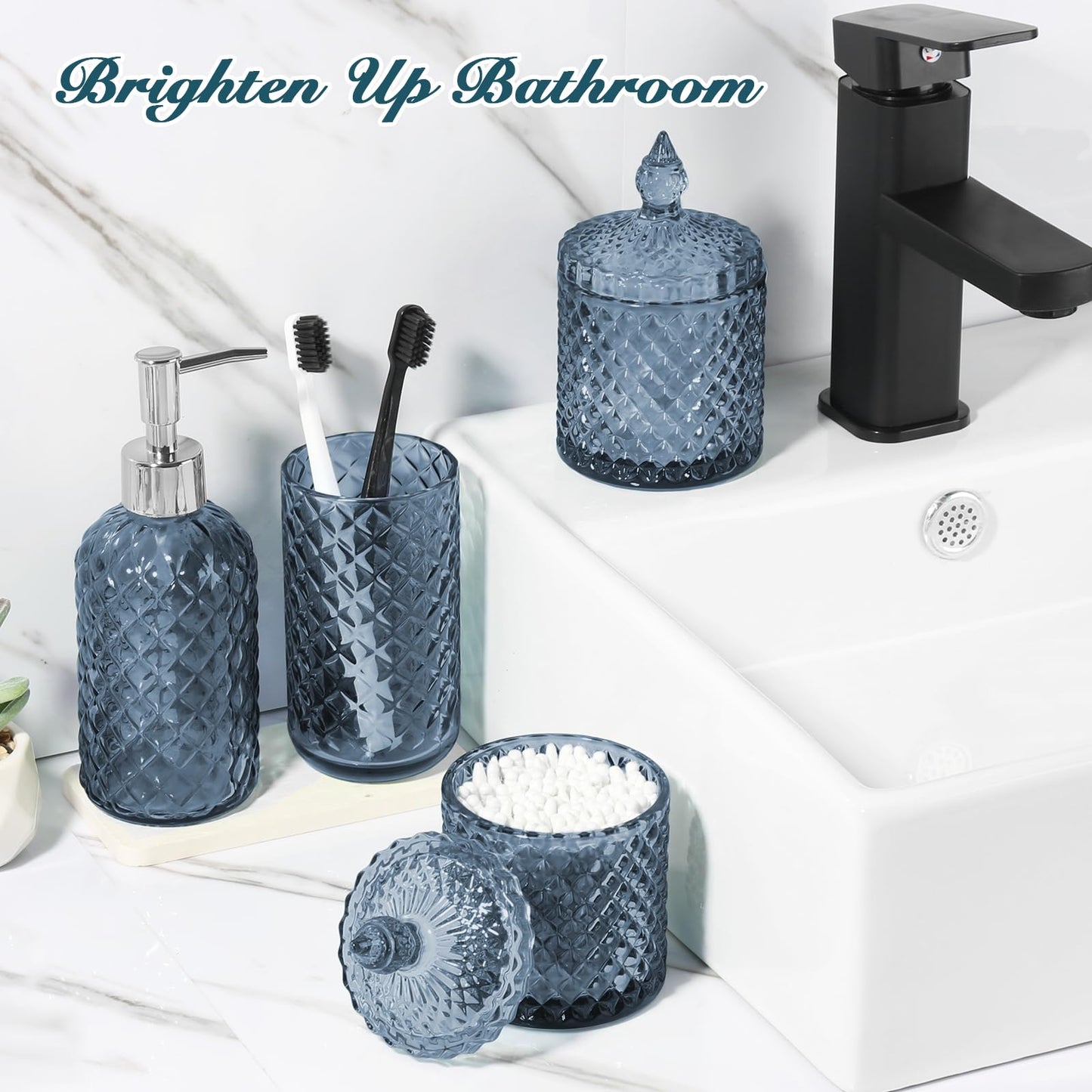 RYTOXILO Blue Bathroom Accessories Set, 4 Pack Light Blue Bathroom Decor Accessory Sets Complete, Diamond Glass Soap Dispenser and Toothbrush Holder Set for Bath Counter Organizer Essentials