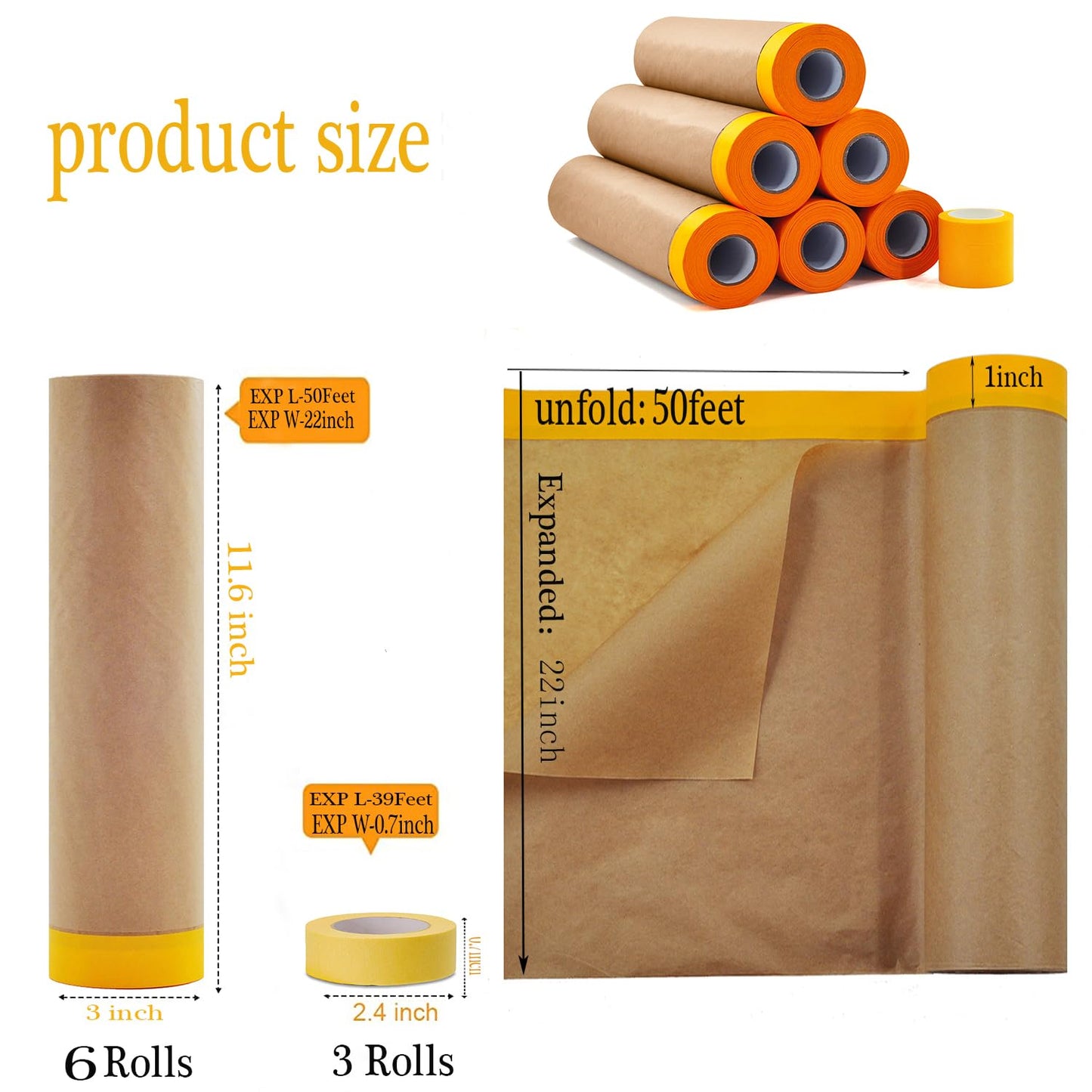 YOUMEIYUAN Pre-Taped Paint Masking Paper and Masking Tape Sets, 22inch-50feet Painters Paper and Painters Tape, Automotive Paint Paper, Tape and Drape Waterproof for Painting Protection Covering (6)