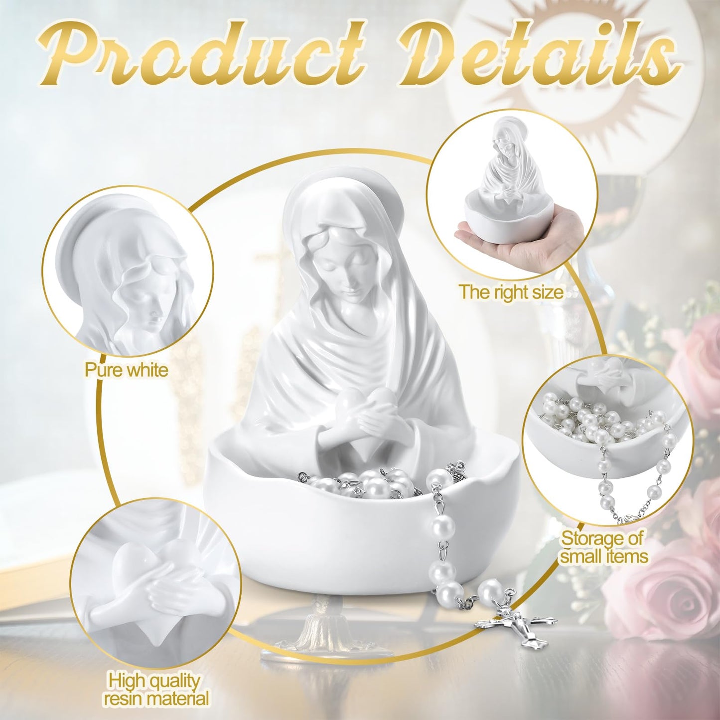 Lineshading Our Lady of Grace Statue Virgin Mary Keepsake Rosary Holder, 5" Blessed Mother Statues, Resin Relic, Catholic Gifts for Women Religious Home Decor