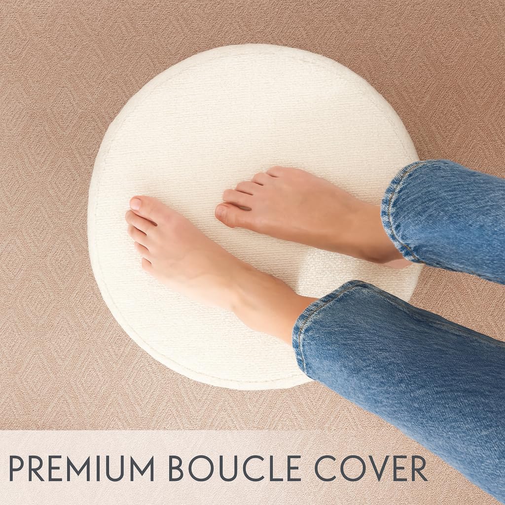 KKdema White Round Ottoman Foot Rest Stool – Clean Boucle Fabric Footstool with Soft Foam Filling, Lightweight Modern Pouf for Minimalist Living Room, Bedroom, Office – Pure White