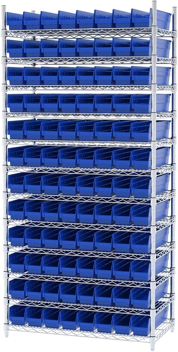 Akro-Mils 30128 Plastic Shelf Bins, Heavy Duty Storage Bins for Garage, Closet, and Drawer Organization, 18 x 4 x 4 inches, Blue, 12-Pack