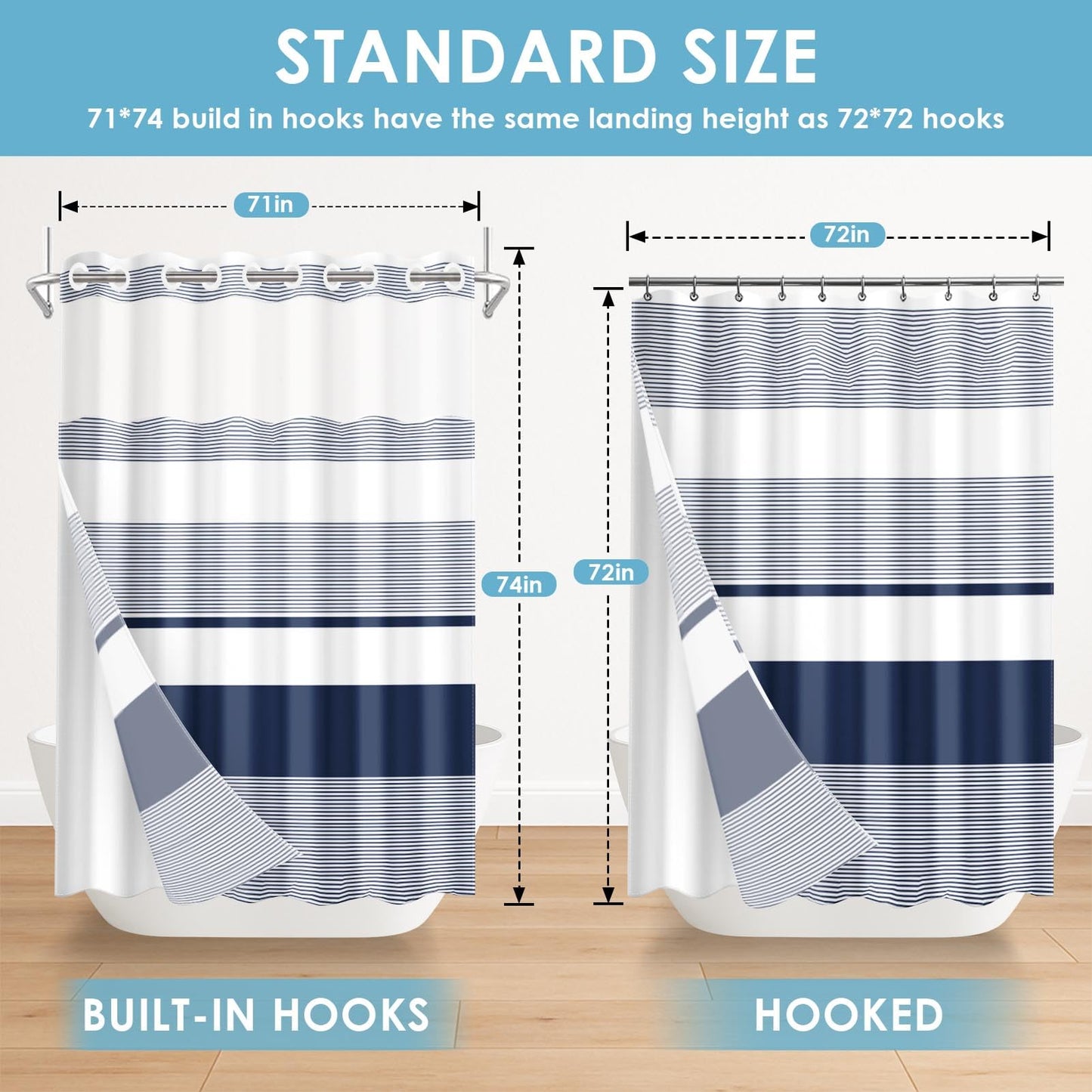Nesphy No Hook Navy Blue Shower Curtain with Snap in Fabric Liner Set, Boho Striped Modern Double Layers Waterproof Fabric with See Through Top Window Open Grommet Bath Curtain 71x74 Inch