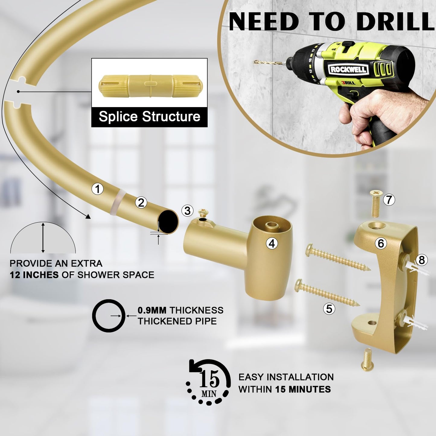 YNL Curved Shower Curtain Rod 35-82In(2.9-6.8Ft), Gold Round Rustproof Shower Rod for Bathroom Bathtub, Adjustable Arched Shower Curtain Rod, Never Rust|Extra Space|Non-Slip|Expandable|Need to Drill.