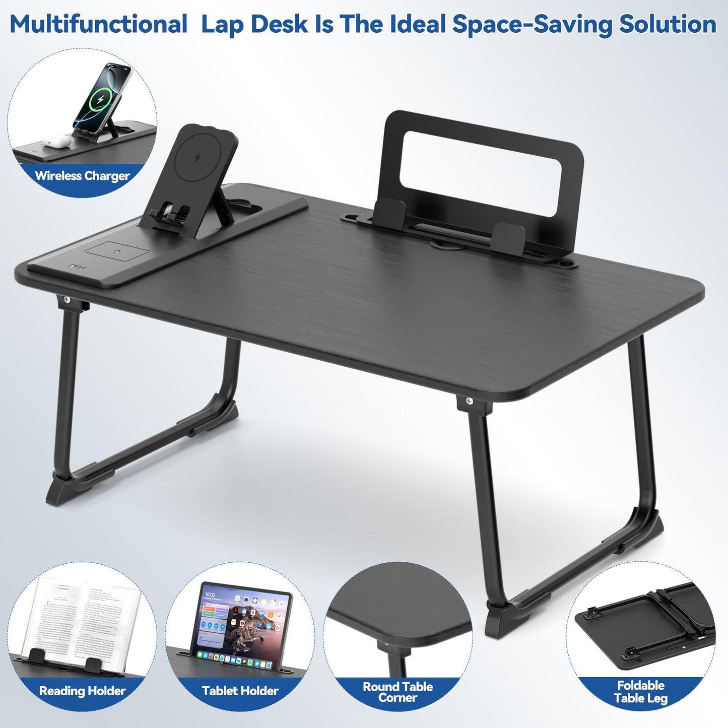 KONDOUND Foldable Laptop Desk for Bed with Wireless Charger - Large Lap Computer Tray Table with Tablet Slot and Book Shelf Read Table for Couch Chair Floor for Writing, Studying Eating, and WFH