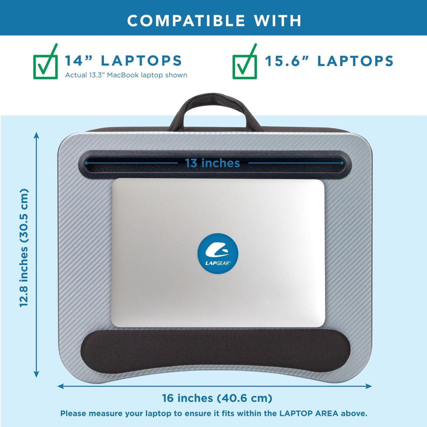 LAPGEAR Memory Foam Lap Desk with Wrist Rest and Media Slot - Medium - Silver Carbon - Fits up to 15.6 Inch Laptops and Most Tablet Devices - Style No. 91335