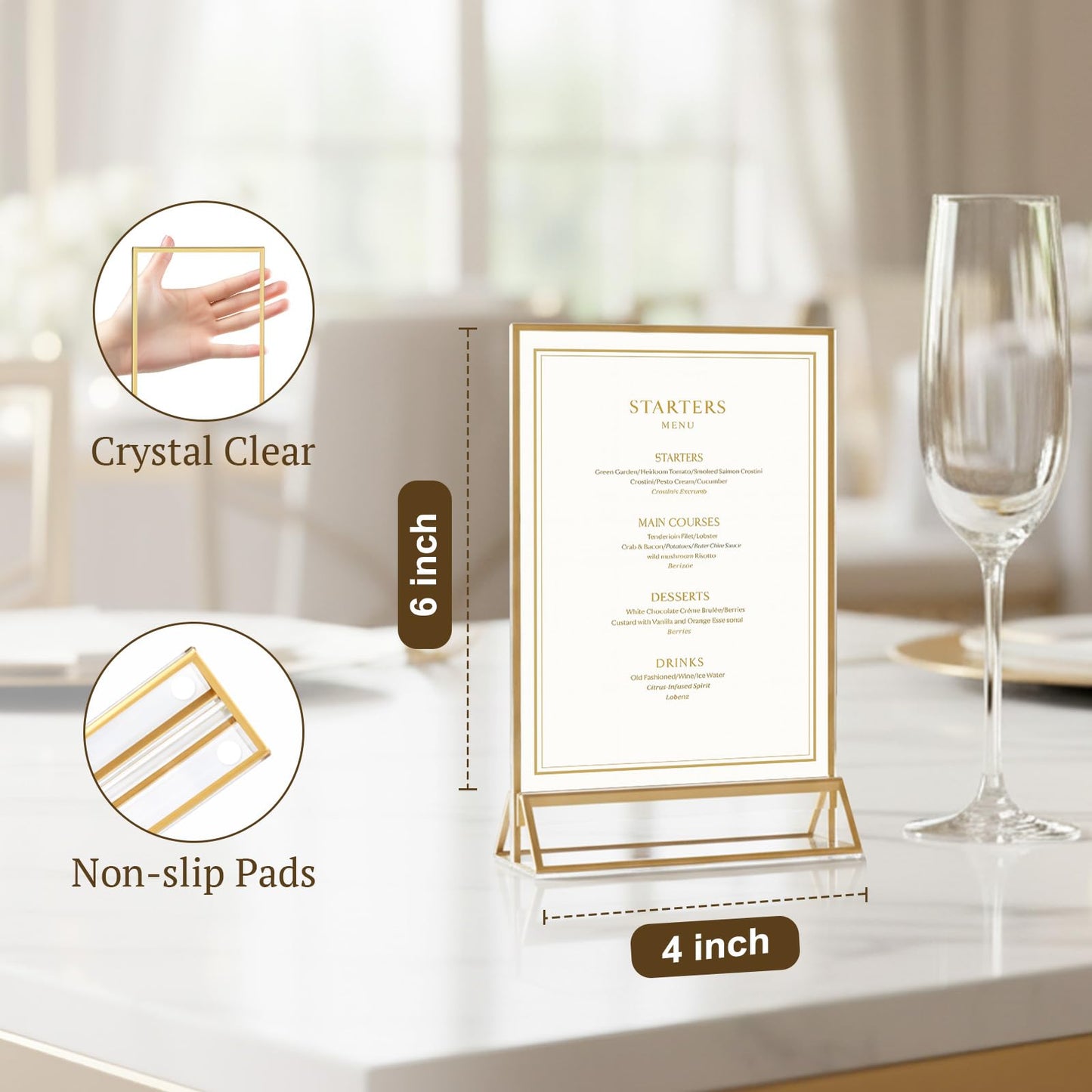 EHWINE 24 Pack Acrylic Sign Holder 4 x 6, Double Sided Gold Picture Frame Stand up Table Top Sign Holders, Clear Display Stand Menu Flyer Holder for Wedding Party