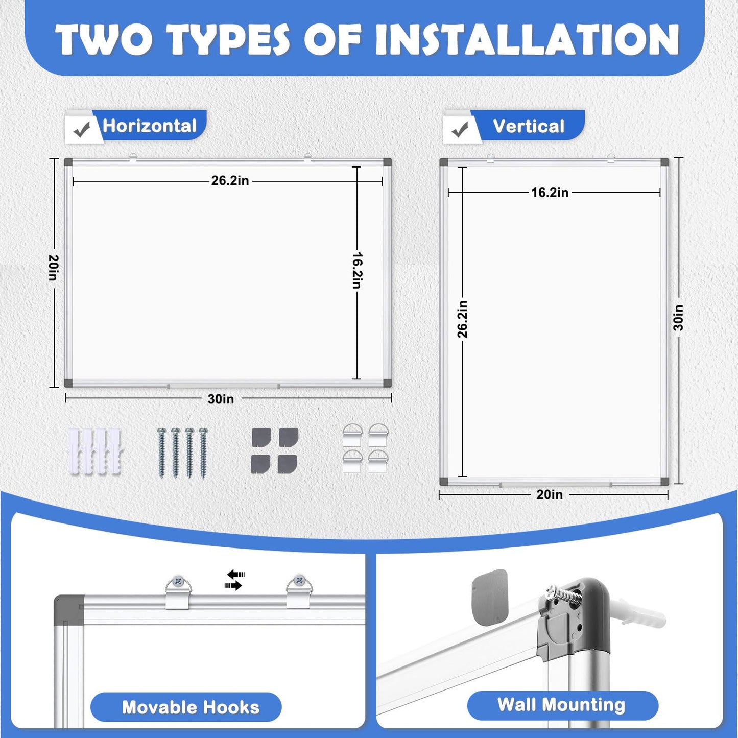 Double-Sided White Board Dry Erase, 20" x 30" Dry Erase Board for Wall with Silver Aluminium Frame, Magnetic Whiteboard for Office, Home, School, Kitchen