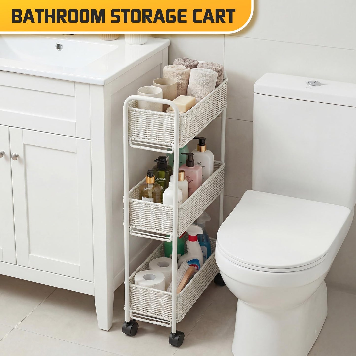 FOCHIER F Utility Slim Storage Cart,3-Tier Rolling Kitchen Office Laundry Room Cart,Mobile Shelving Unit Organizer for Living Room Bathroom Baby Diaper Narrow Places (White, UC-White-7.1inch)