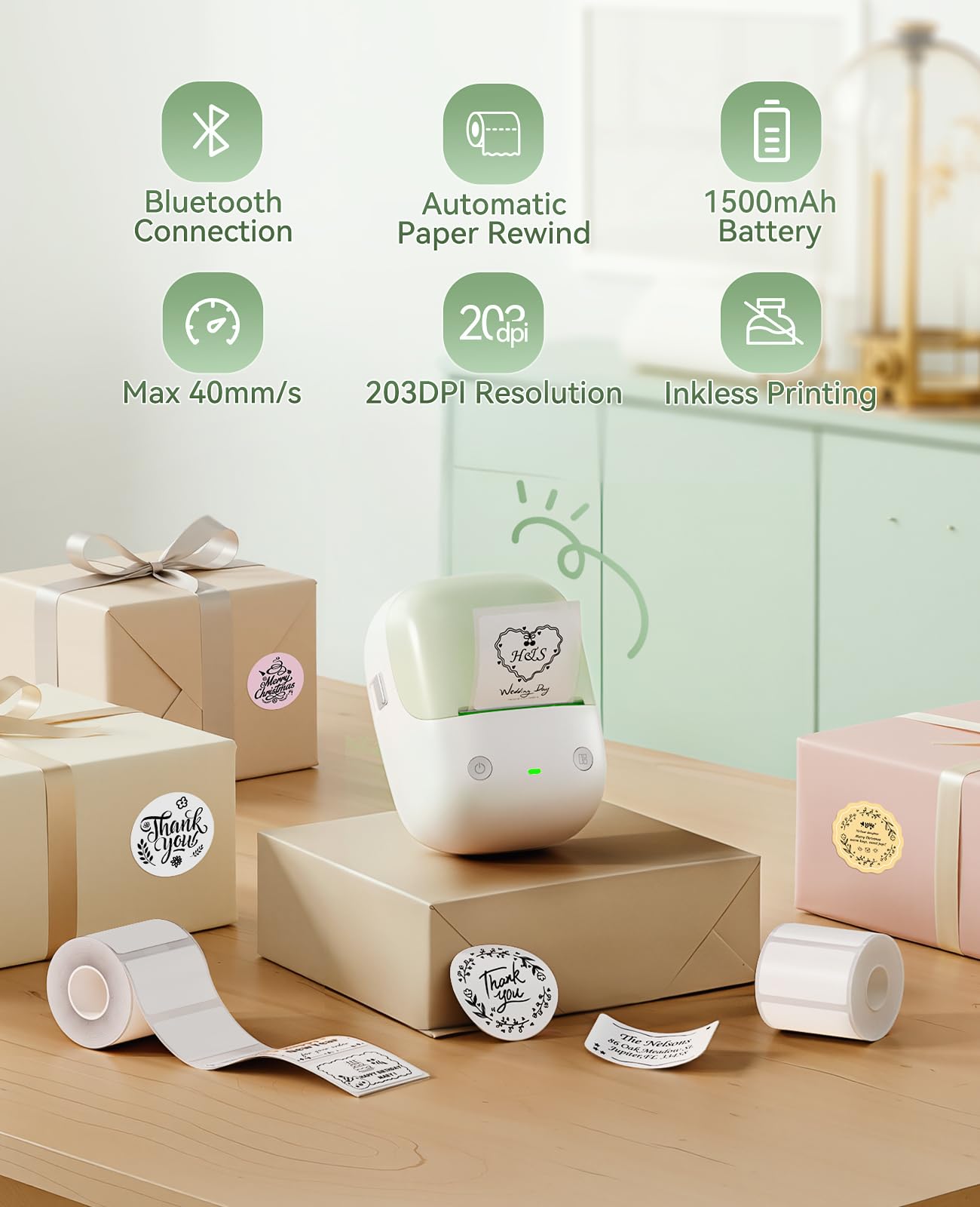 NIIMBOT B2 Label Maker Machine with Tape, Portable Bluetooth 2Inch Label Printer with Multiple Templates, Thermal Labeler for Home Kitchen Office Coffee Shop Bakery Organization, Green White