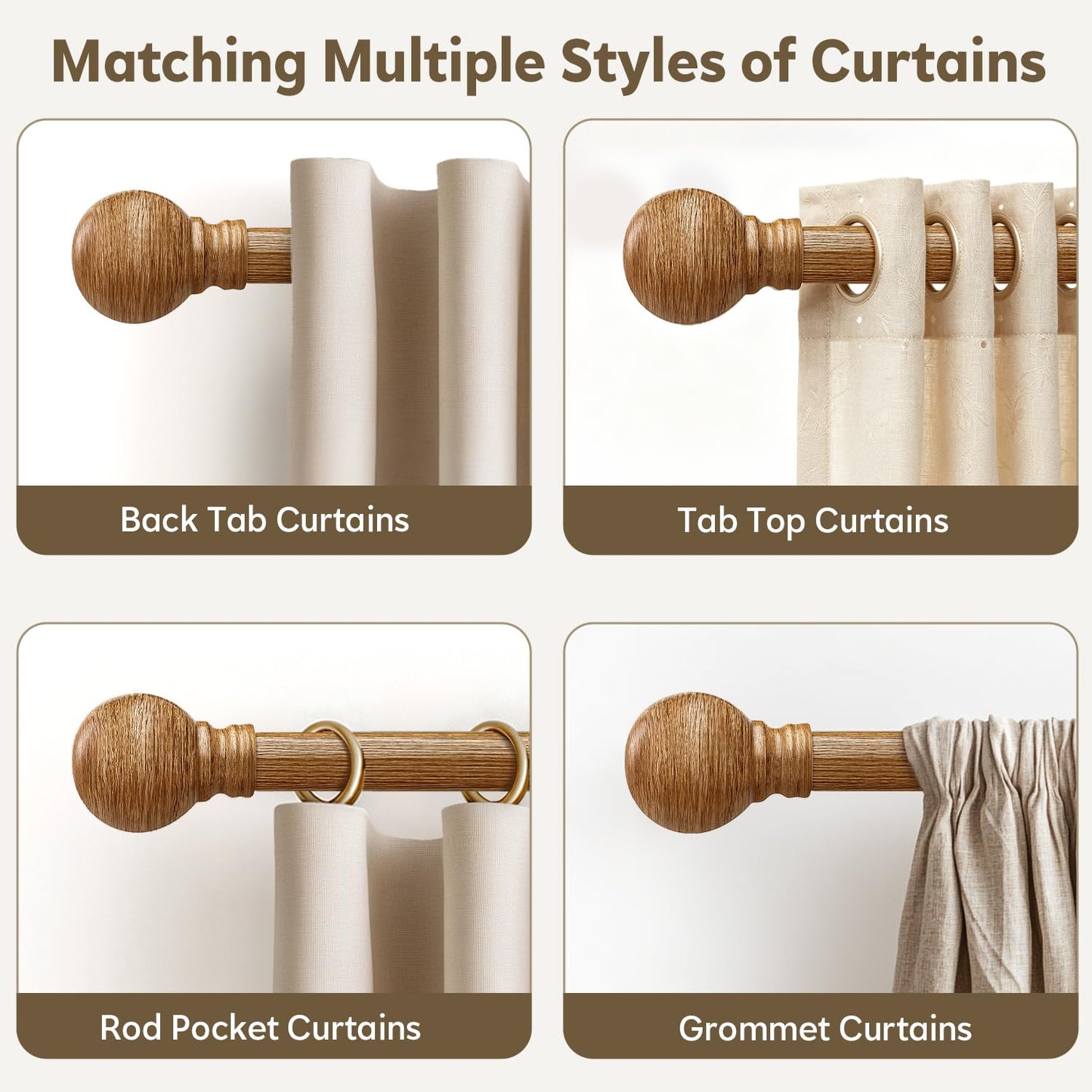 Boho Wood Curtain Rods for Windows 72 to 144 inch 1" Diameter Adjustable Heavy Duty Window Curtain Rod with Decorative Wooden Grain Finials Drapery Rods for Living Room Bedroom Kitchen Cafe Farmhouse