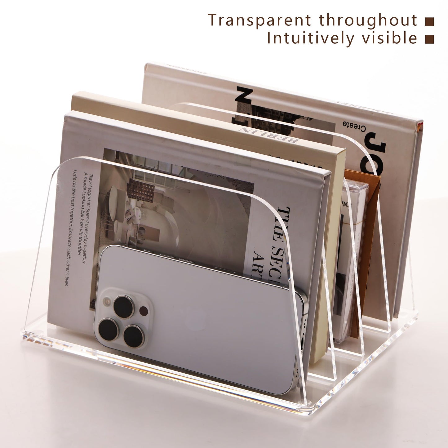 YUXUN Desk File Organizer Upright Clear Acrylic Desktop Organizer File Sorter Office Organization File Holder 4-Section Bookshelf for Home, Office & Classroom