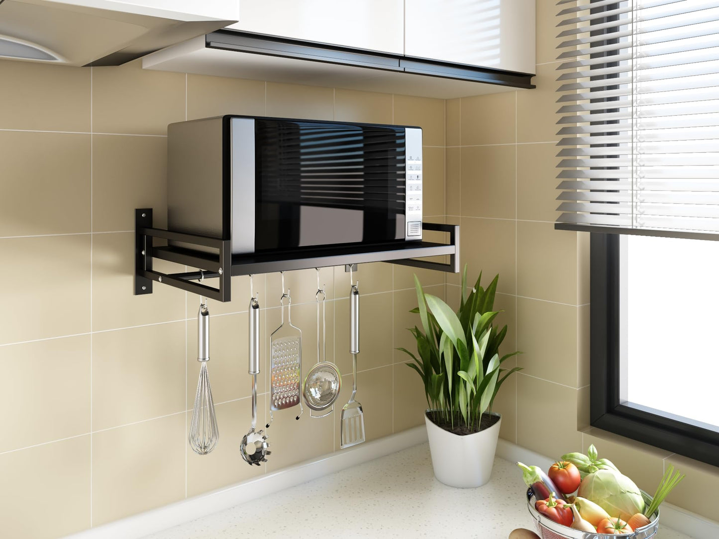 ABCOOL Wall Mount Microwave Oven Shelf Rack for Kitchen Home, Black Carbon Steel Counter Countertop Holder with Hook Rail and 3 Slidable Hooks