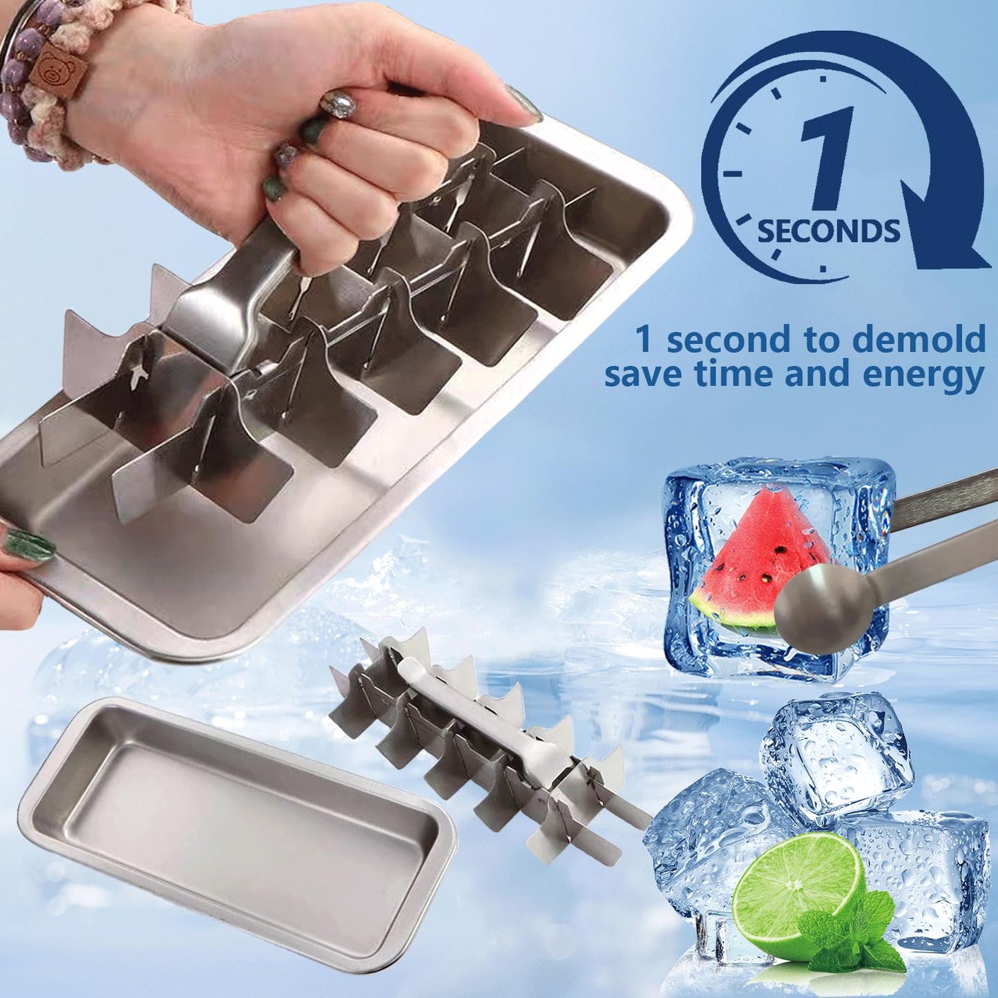 GHAHILI Stainless Steel Ice Cube Trays, Metal Ice Cube Trays for Freezer Vintage Inspired Design with Release Lever Remove Handle for Making Large Cubes Kitchen & Bar (1pcs)