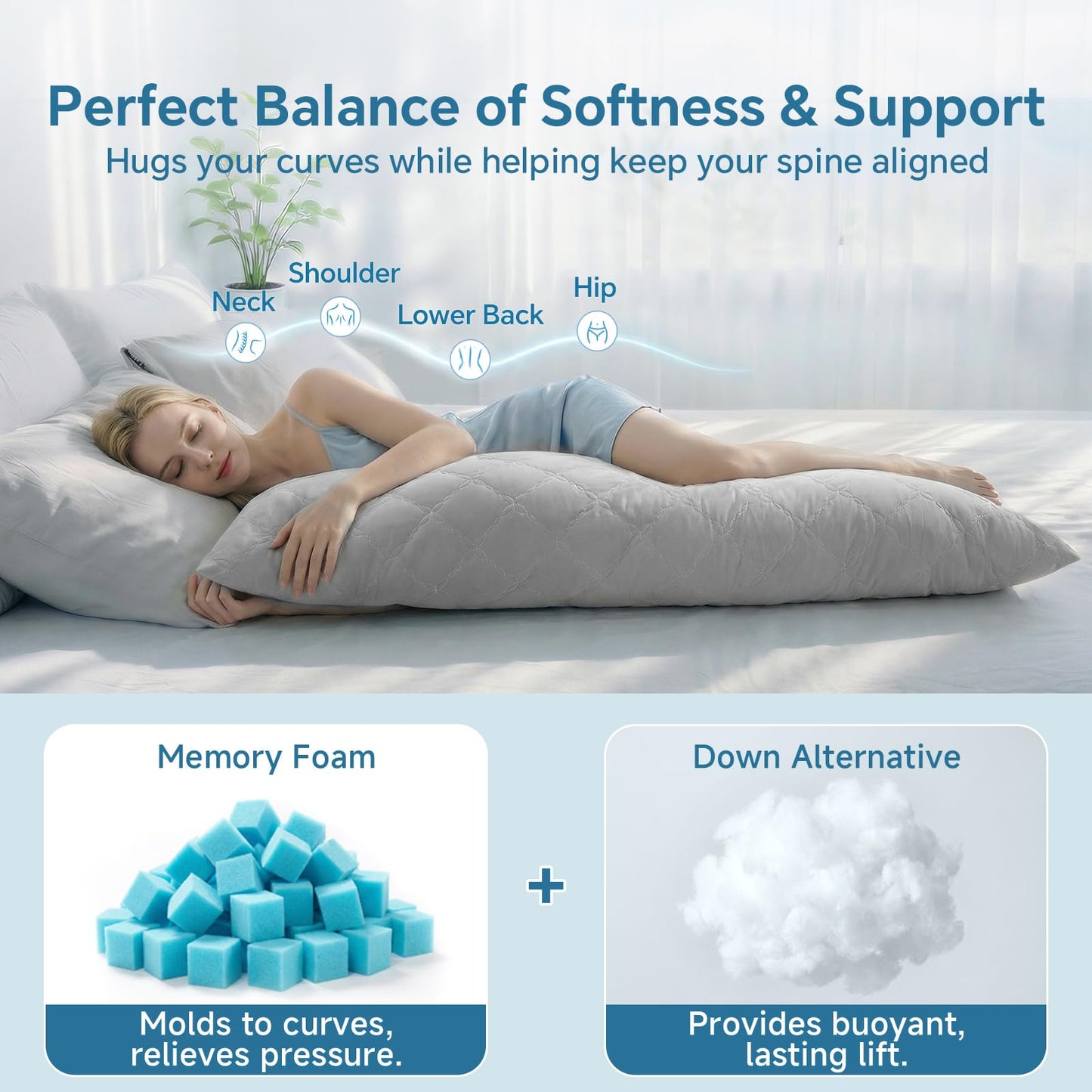 BEDELITE Cooling Body Pillow for Adults, Creative Ultra Soft Cool-Touch Quilted Nylon-Spandex Body Pillow Cover, Adjustable Memory Foam Long Pillow for Side Sleepers, Pregnancy & Back Pain(Light Grey)