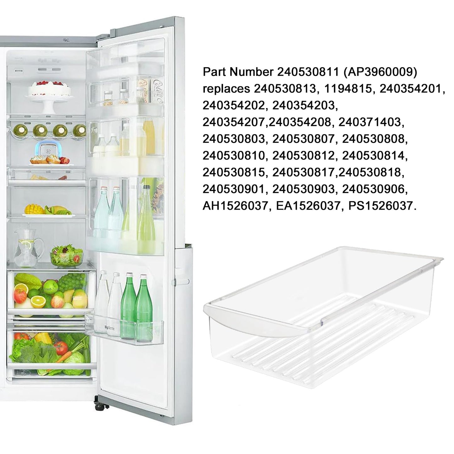 240530811 Refrigerator Drawer 15.4Width x 11.7Depth Replaces AP3960009, 240530813, 1194815, 240354201 Meat Pan Crisper Bin Compatible with Frigidaire (Not the larger part:240342830 16.5"x17.2")