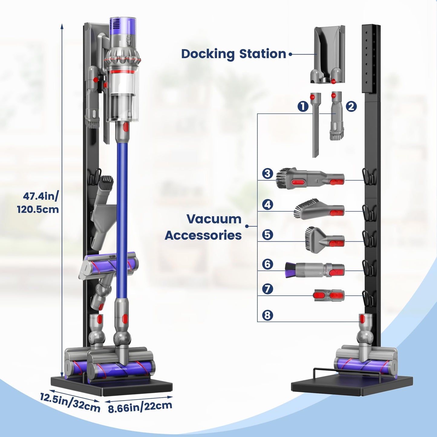 pickpiff Vacuum Cleaner Stand Compatible with Dyson V15, V12, V11, V10, V8, V7, V6 & G5 – Freestanding Holder with Accessory Storage, No Drilling Required, Easy Installation