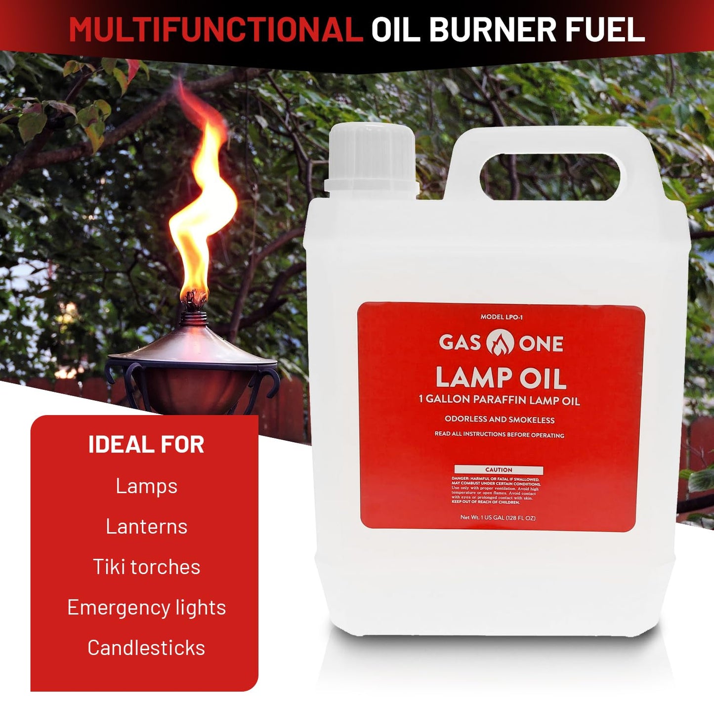 GasOne Liquid Paraffin Lamp Oil – 1 Gallon (128oz) Clear – Odorless, Smokeless Indoor Outdoor Fuel for Lanterns, Lamps, and Torches – Safe Packaging