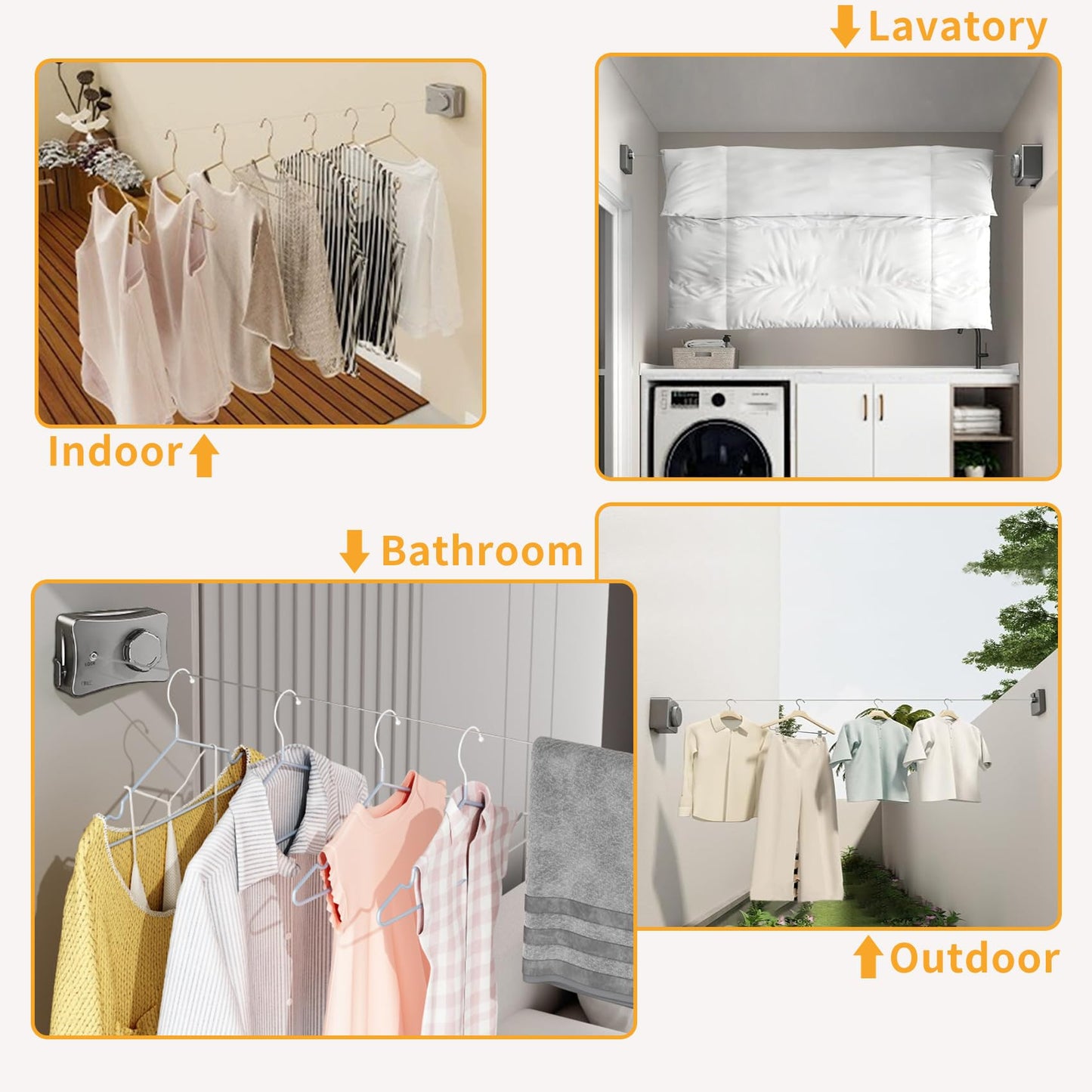Retractable Clothesline Indoor & Outdoor, Non-Sagging Wall Mounted Drying Rack Clothesline, 16.7 Ft Stainless Steel Wire Double Clothes Lines, Hanging Clothes line for Balcony, Courtyards(Grey)