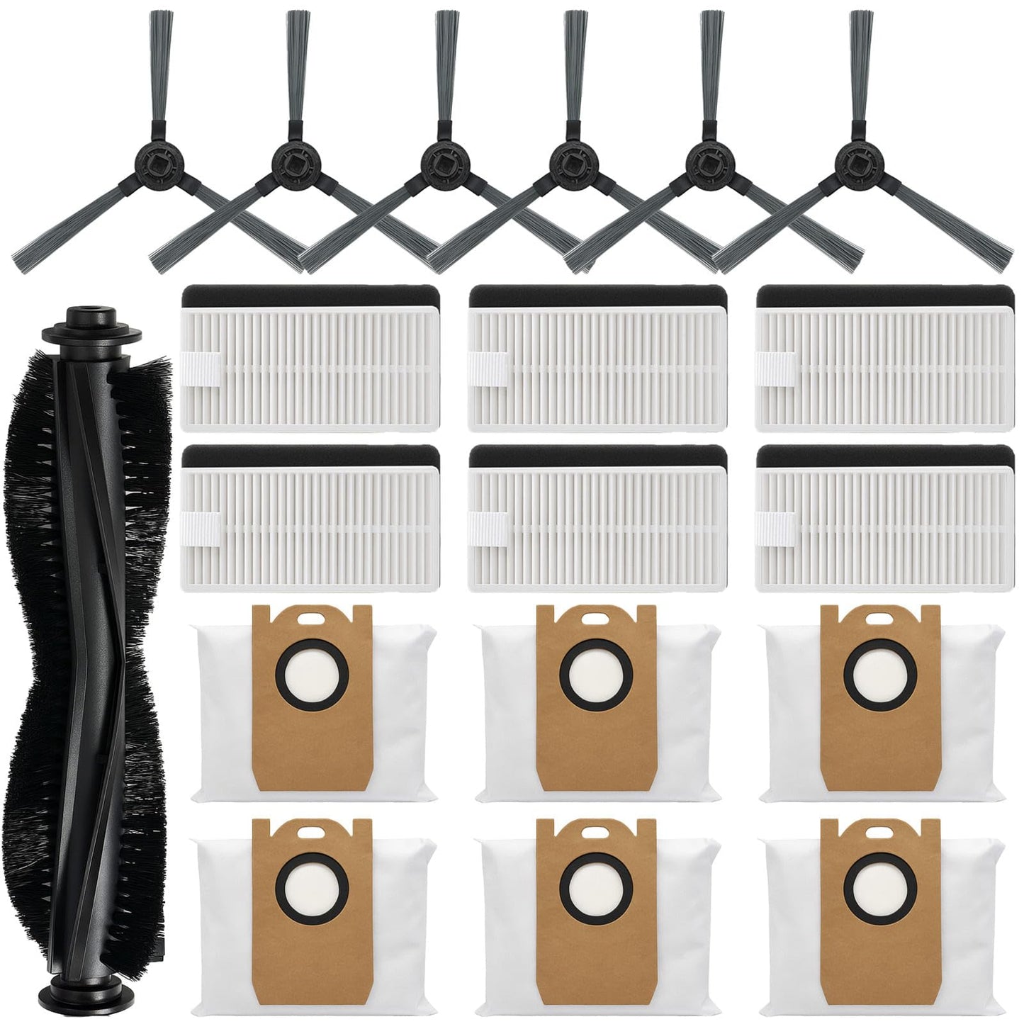 YUJINRU Replacement Parts Kit Compatible with iHome AutoVac Nova S1 Pro Robot Vacuum Cleaner Accessories iHRVS1PRO-3BLK, 1 Main Roller Brush, 6 Side Brushes, 6 Hepa Filters, 6 Dust Bags