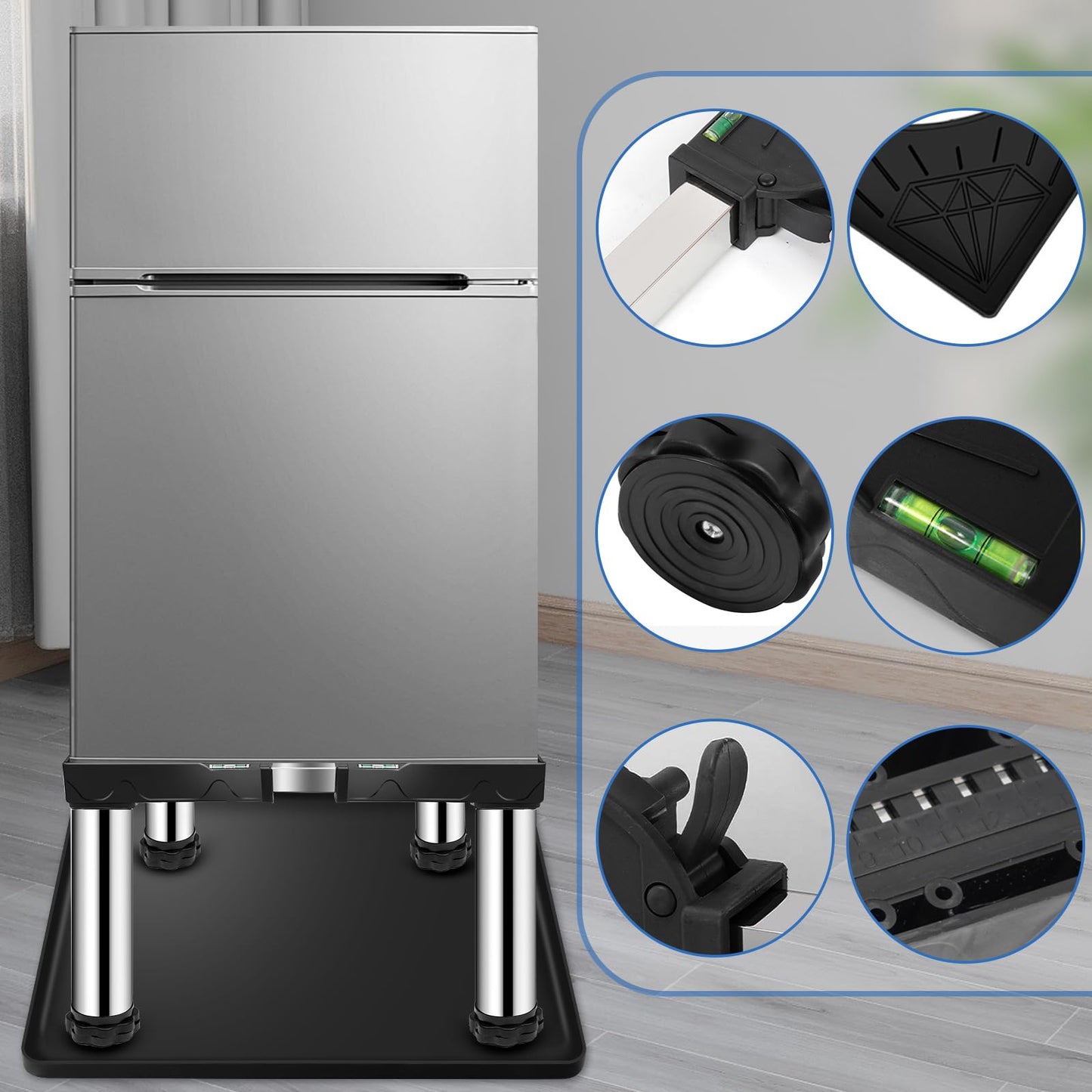 Ailahloe Mini Fridge Stand with 23.6'' Silicone Mat (11.4"-12.6" High), 4 storage Feet Adjustable Base Tray Anti-Vibration for Mini Refrigerator Stand Washing Machine Stand, Max Load 340LBS