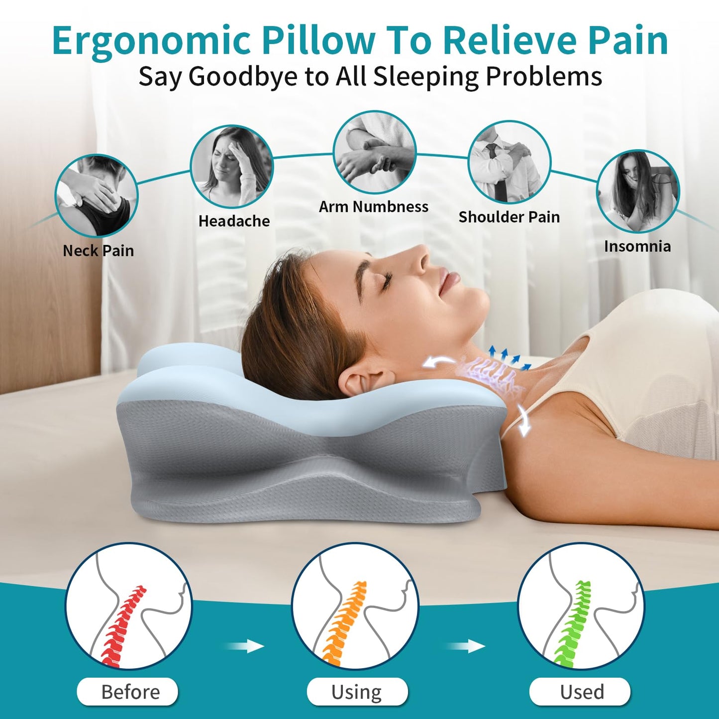 Besyodo Cervical Neck Pillow for Pain Relief - Ergonomic Side Sleeper Pillow for Neck Support, Cooling Memory Foam Pillows for Sleeping, Contour Pillow Orthopedic Bed Pillow for Back Stomach Sleepers