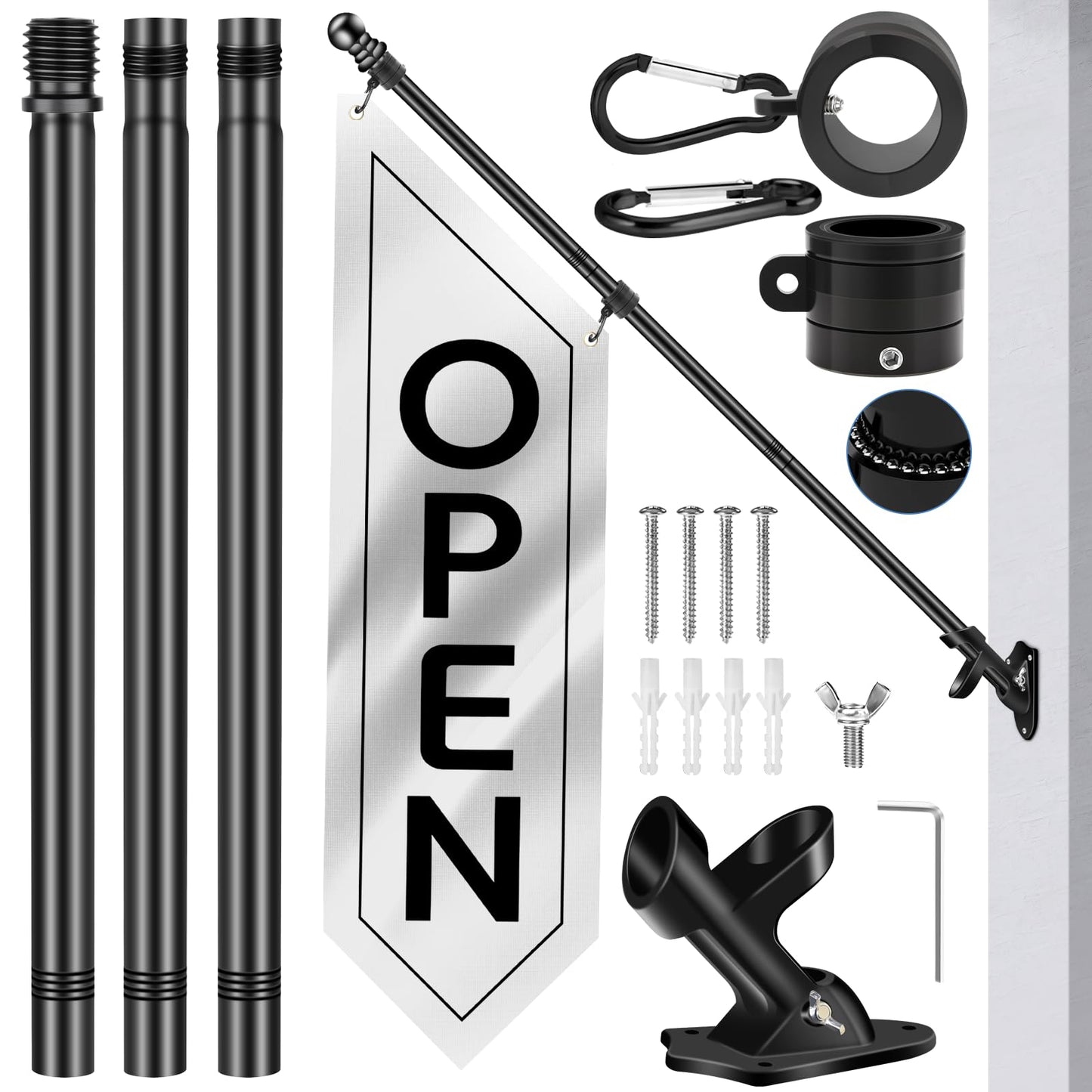 Outdoor Open Sign with Pole-Mounting Kit, Double-Sided Heavy Duty Open Banner for Business, Three-ply Advertising Open Flag with Bracket for Retail Storefront & Shops (White, 41x12 Inch)