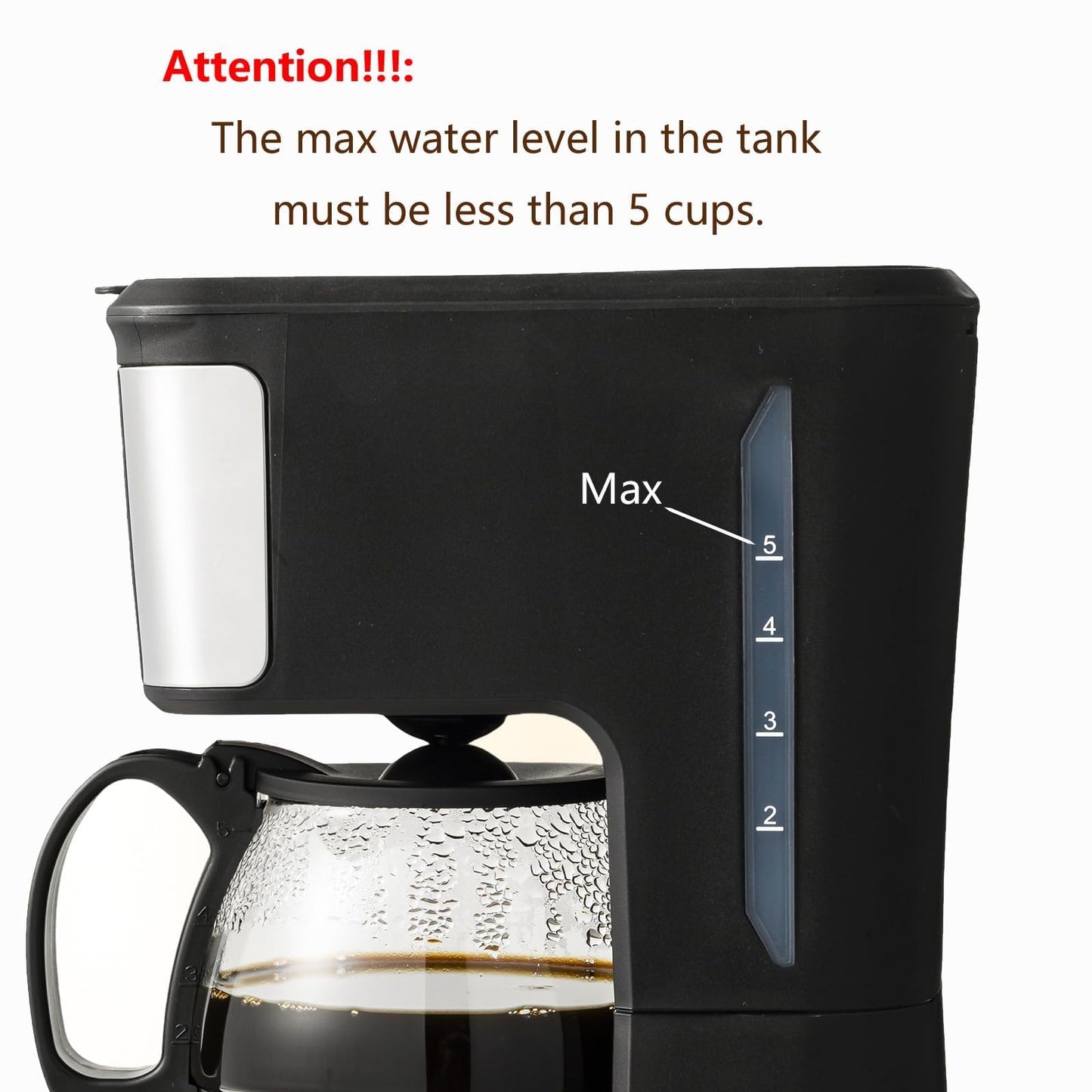 Nehilumn 5-Cup Programmable Coffee Maker - Reusable Filter, Clear Water Level Indicator, Auto Shut- Off, Black &Stainless Steel Coffee Pot