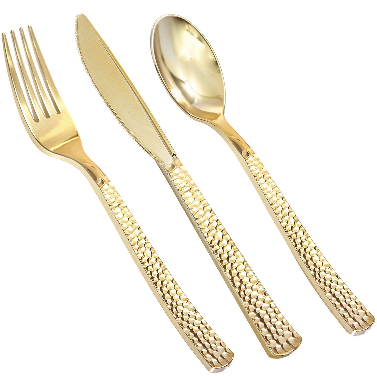 Supernal 360pcs Gold Plastic Silverware Set - Heavy Duty Disposable Cutlery (120 Forks, 120 Spoons, 120 Knives) - Elegant Hammered Finish, Premium Plastic Flatware for Weddings, Parties & Catering