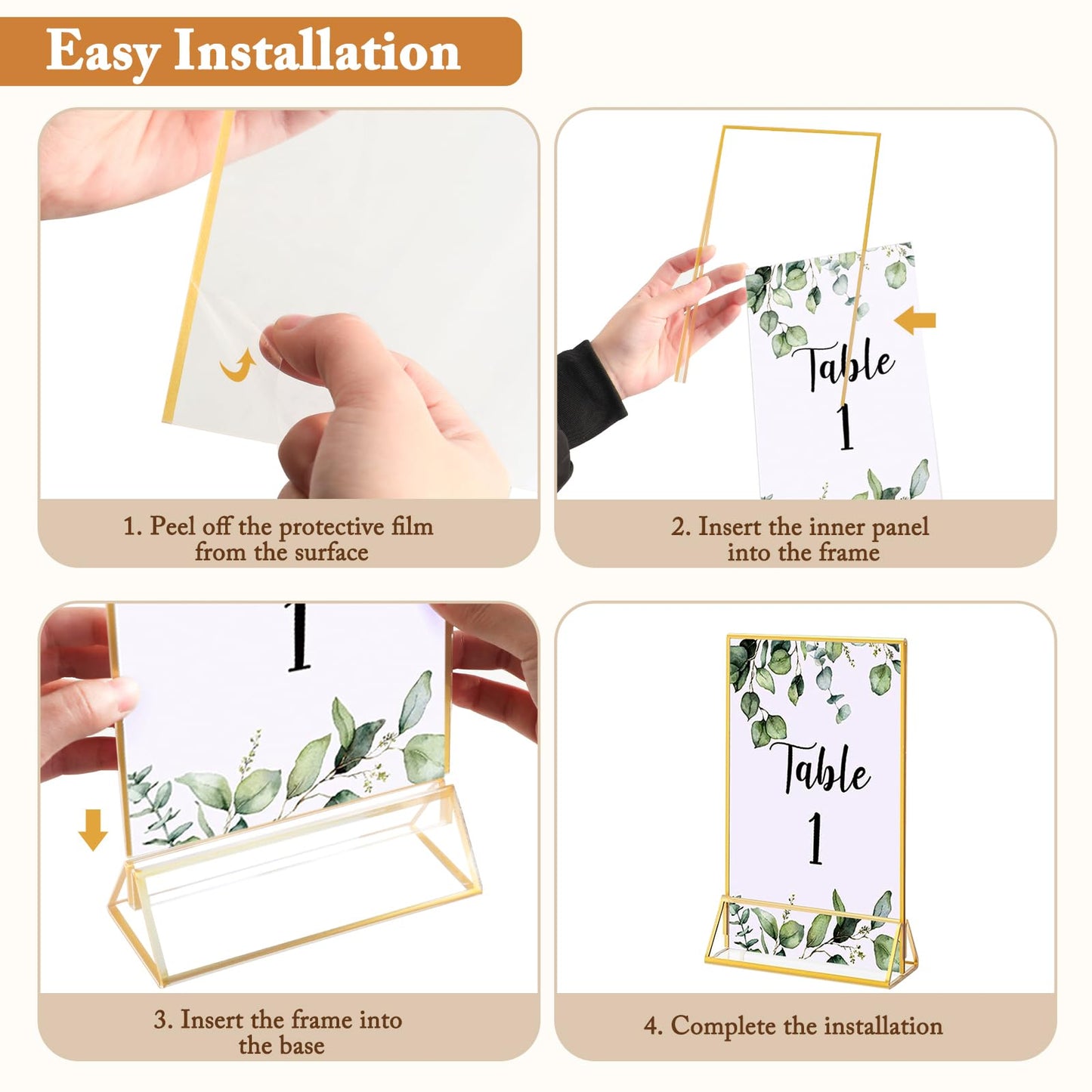 Floroom 12 Pack 5x7 Inch Clear Acrylic Sign Holders, Double-Sided Gold Display Stand Picture Frames for Table Numbers, Menus, Flyers, Weddings, and Offices