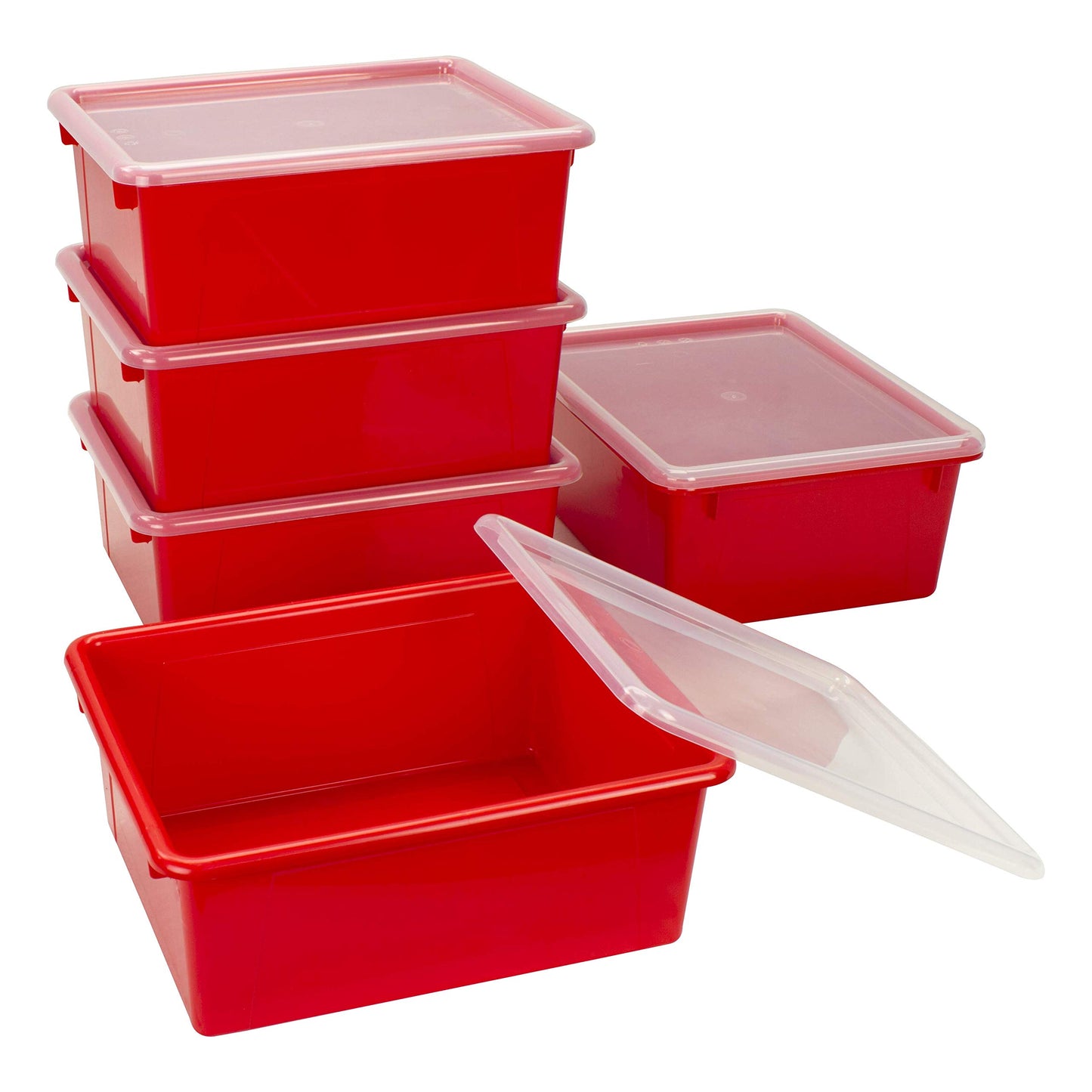 Storex Letter Size Deep Storage Tray – Organizer Bin with Non-Snap Lid for Classroom, Office and Home, Red, 5-Pack (62545A05C)