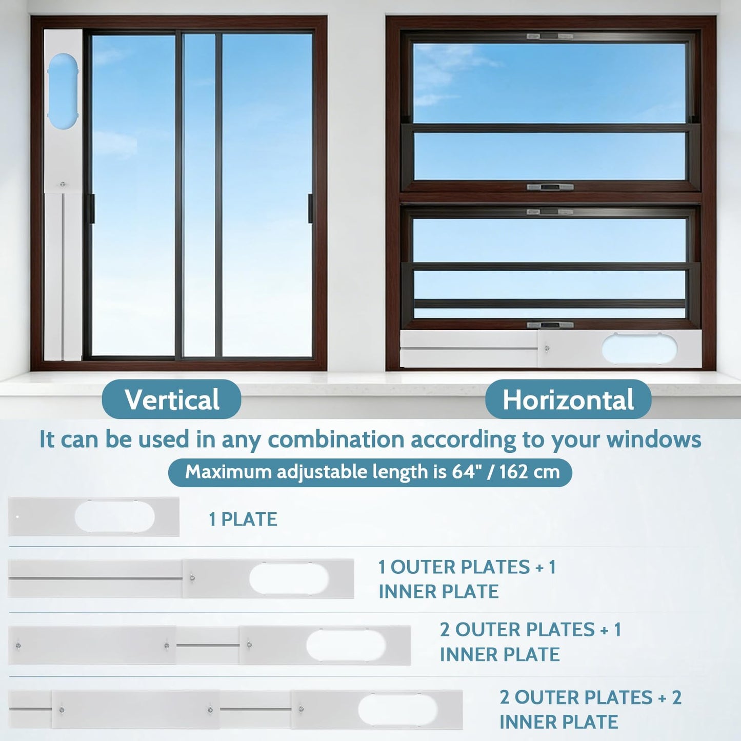 Conderyang Portable Air Conditioner Window Unit Kit with Coupler Universal Adjustable Sliding Seal Plate Kit for Horizontal & Vertical Window AC Hose Cover Wrap Suitable for 5.9" x 59" Exhaust Hose