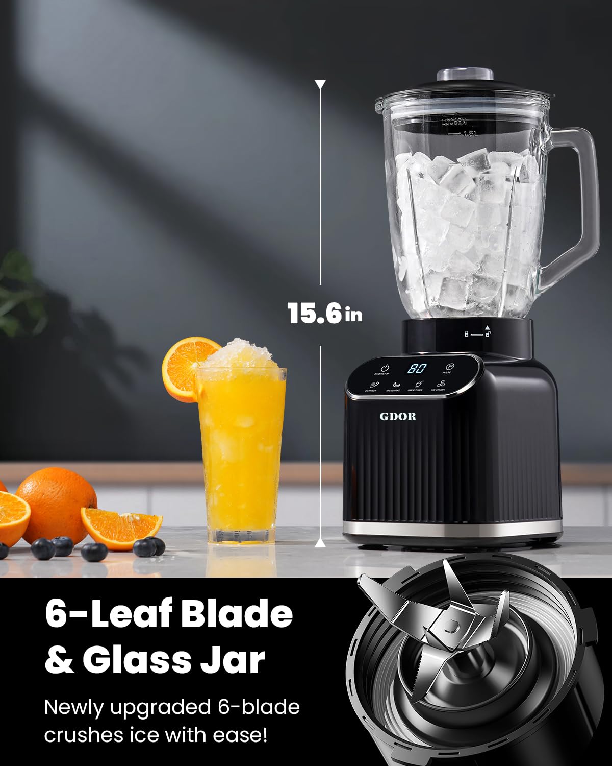 GDOR Professional Blender for Kitchen, 1200 Peak Watts Smoothie Blender, 5 Functions for Ice Crushing & Frozen Fruit, 52 Oz Glass Jar & 24 Oz To-Go Cup Combo, Self-Cleaning, Black
