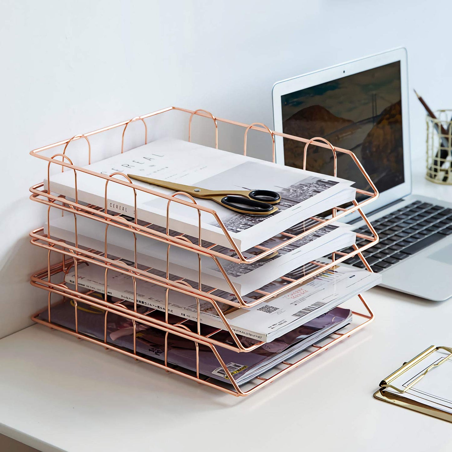 Jolitac Rose Gold 4-Tier Stackable Paper Tray Desk Organizer, Workspace Decorative Stacking Rack Supplies Holder, Metal Letter Trays for File Documents in Home & Office (Rose Gold)