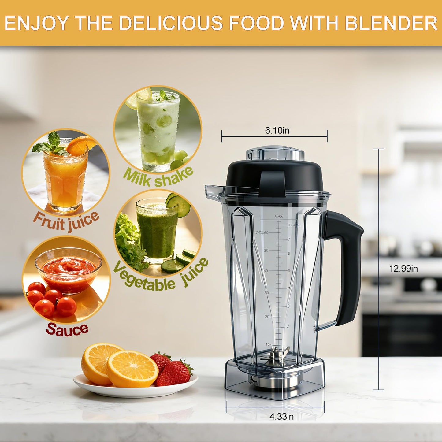 Blender Pitcher 64oz Replacement Container Compatible with Vitamix 5200, 5300, 6300, 7500, E310, VM0197, VM0101, VM0100, VM0103 Classic & Explorian Series 5-Year Warranty