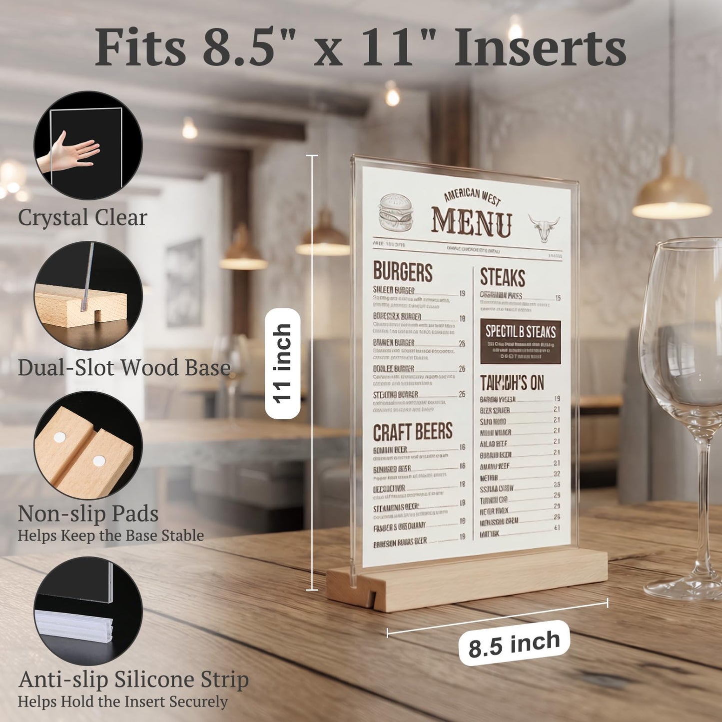 EHWINE 12 Pack 8.5 x 11 Acrylic Sign Holder with Wood Base, Double-Sided Clear Table Sign Holder with Non-Slip Pads, Vertical or Slant Back Display (L & T Shape), Menu Flyer Stand for Office, Retail, Restaurant